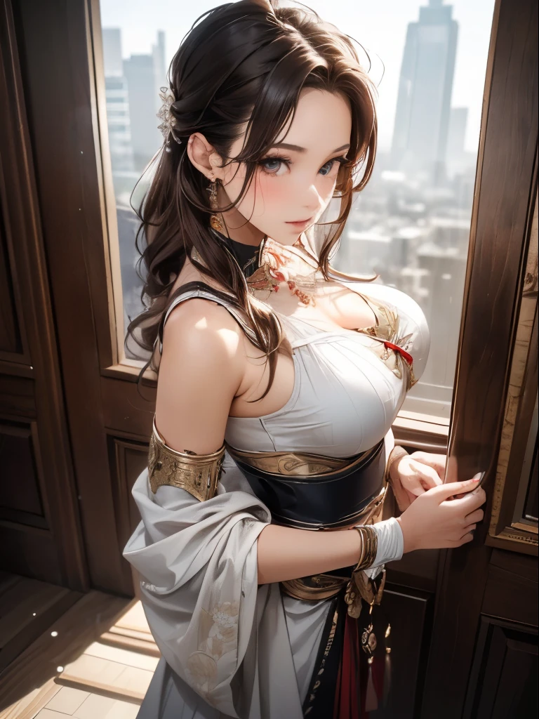 frontal view, very beautiful woman facing the viewer, traditional, photo realistic style, traditional roman outfit, white huge breasts, waist thin, adoring expression is the focus, a view from above and the side,