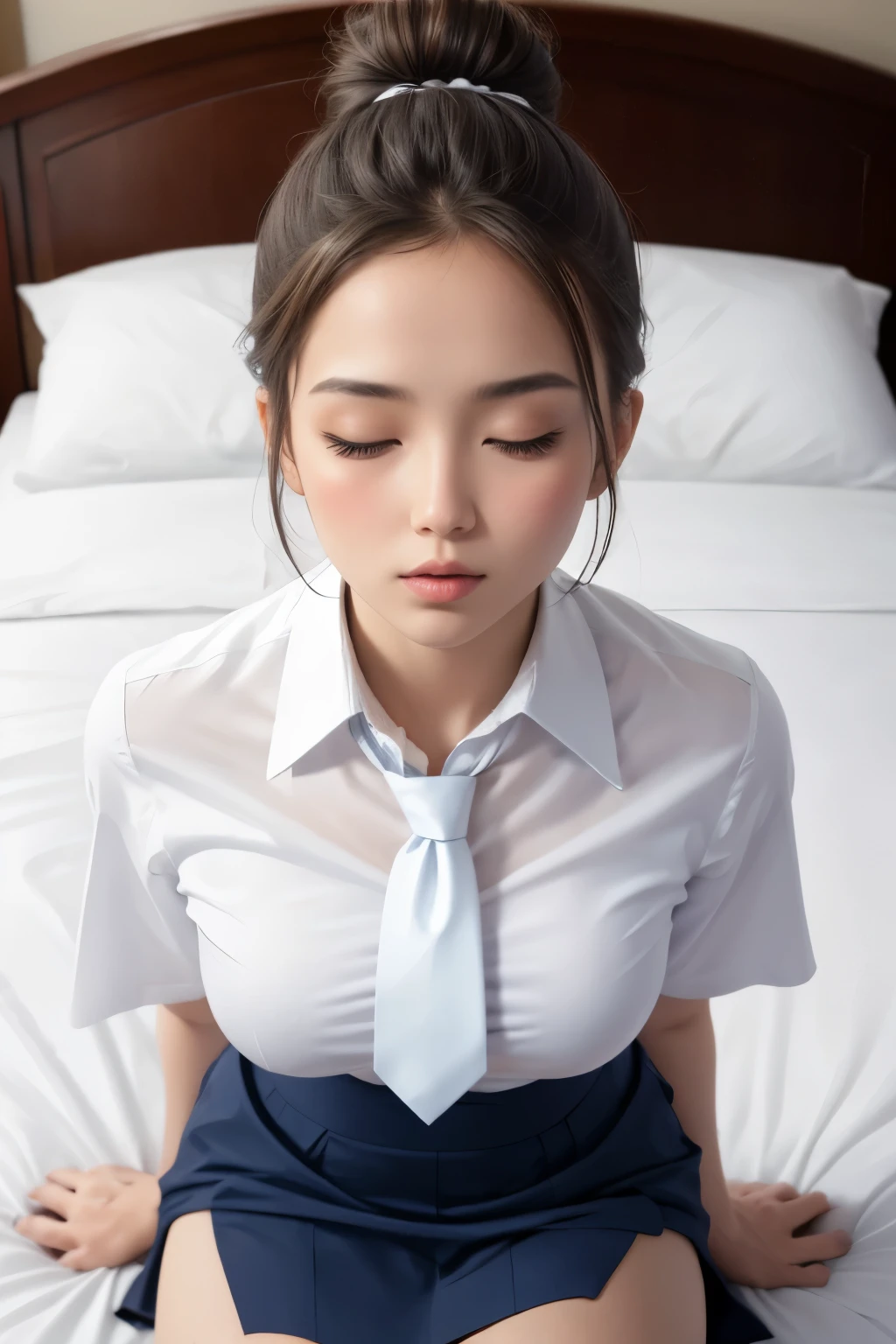 a Korean girl，Being in a hotel，(get down on the bed:1.2)，(Being touched by men:1.5)，(Being stroked by a man's crotch)，seen from the front
（（（tmasterpiece）））， （（best qualtiy））， （（intricately details））， （（ultra-realistic realism））， Ridiculous res， A MILF， Mature woman， ssee-through， highly  detailed， illustratio， 1girll， （（Large breasts））， perfect hand， detailed finger， Beautiful detailed eyes， long whitr hair， with brown eye， name badge， vd， （Korean school clothing：1.2）， School blazer， School shirts， a skirt， Long school tie， 耳Nipple Ring， detailedbackground， Bedrooms， perfect  eyes， Seductive eye，Cocked buttocks，Reddened face，(weeping:1.2)，Confused eyes，Lick the