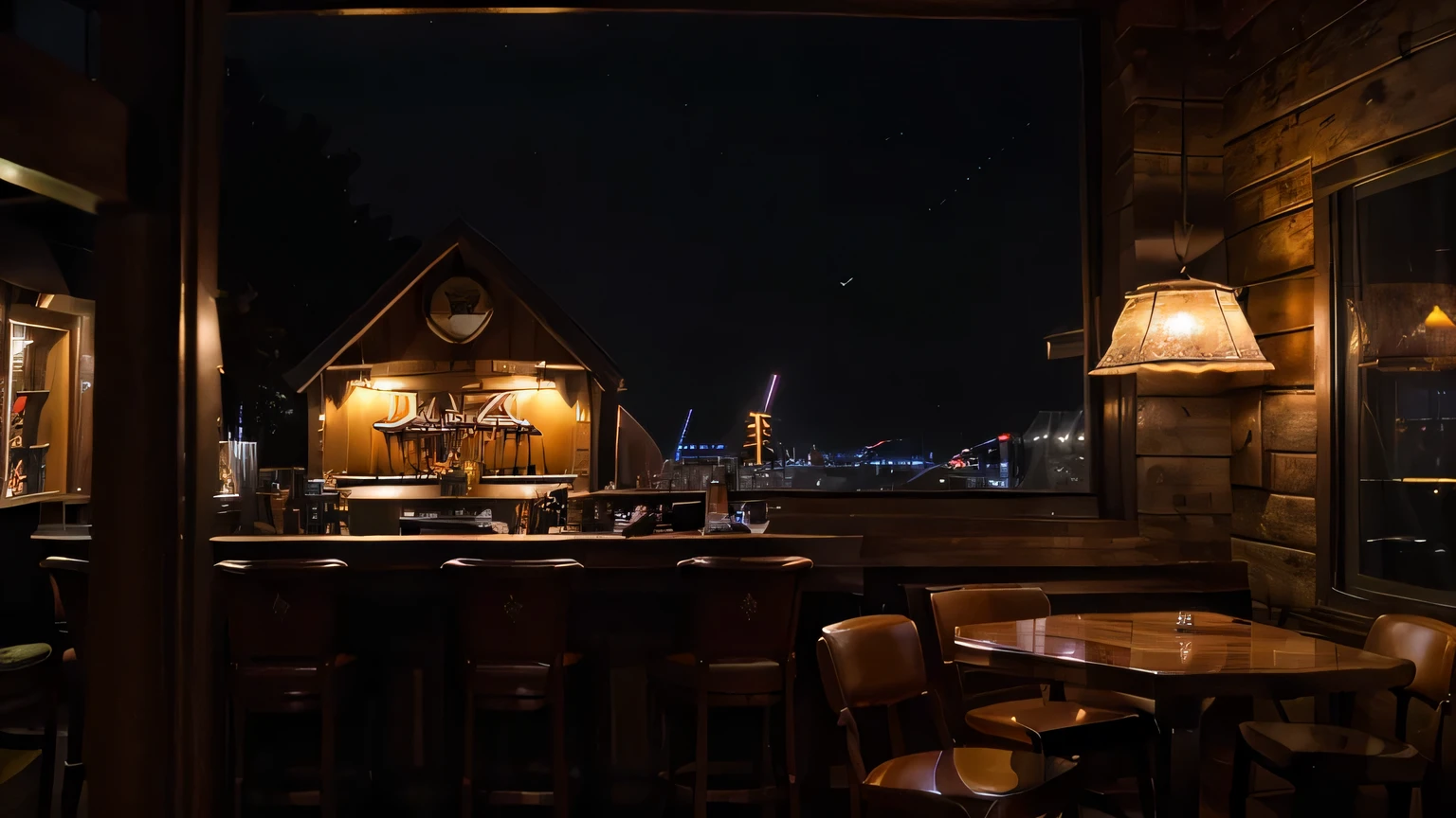 (masterpiece) (((((jazz)))))best quality, bar, warm lights, jazz bar, beautiful wood tables, wood windows, ((night)), perfect light, pure, divine, 4k, warm colors, good emotions, happy feelings, freedom, (dark night)