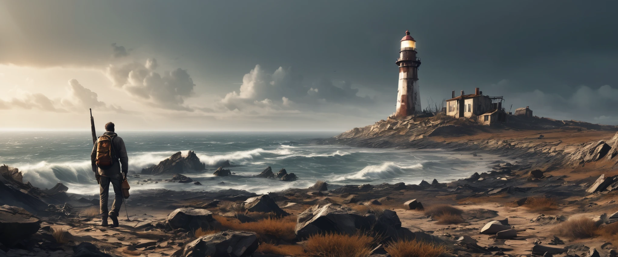 post-apocalyptic world, the seas have completely dried up (dried up seas, no water), destroyed buildings, the only building complete and working is a lighthouse, it stands on the rocks surrounded by dried up land and rocks and destroyed houses, no water, damaged and rusty vehicles, A lone hiker walking to the lighthouse, dirty tired, backpack on his back, rifle in his hands, panoramic view, high resolution, immersive background, 8k, raw photo, cinematic shot
