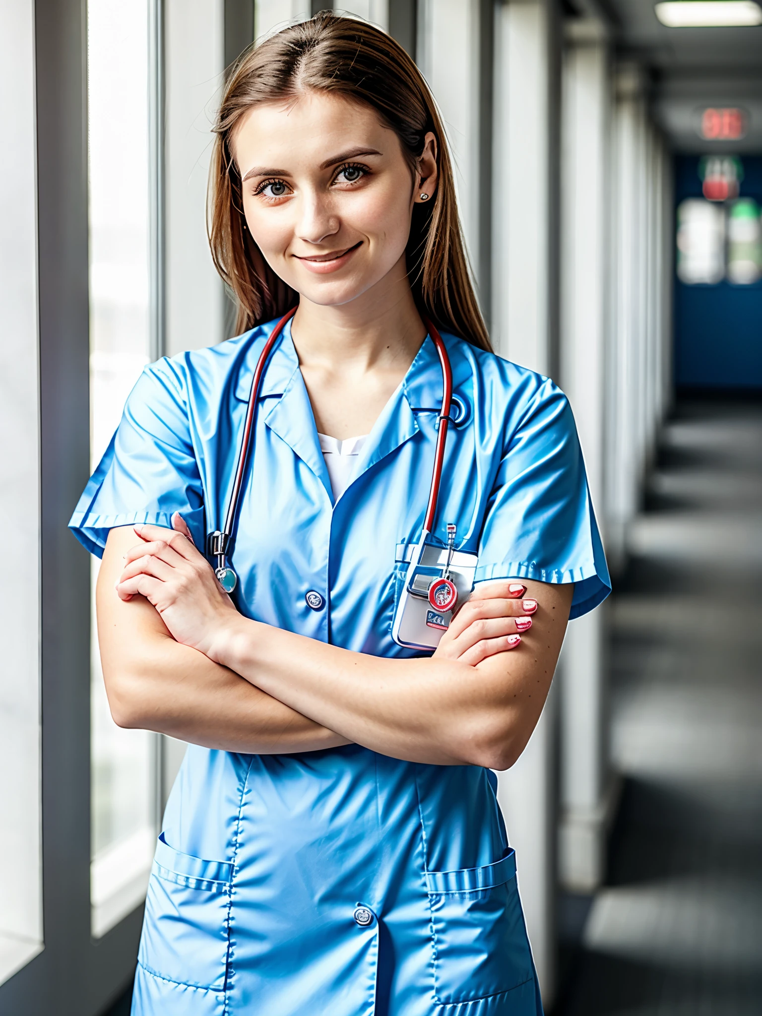 There Woman, 25, years old, in nurse's clothes, with arms crossed, with a marketing pose, film grain, sunny background