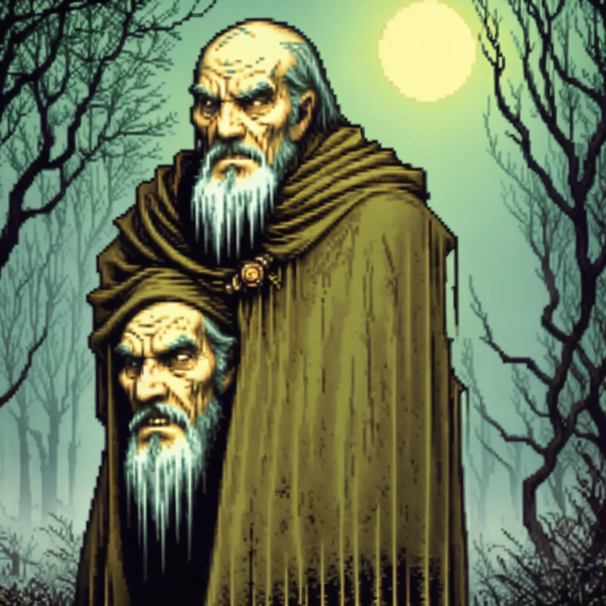 One old Man, Grigory Rasputin, man stands in a swamp, Ghost , Full body, scary face, forest background, russian forest, swamp, smog, green moon, green fog, Science fiction, 80s, 16-bit game, VHS era, neon light, dark fantasy, Luis Royo style, green lightning, psychedelic color background, smog, fog, Giger style
