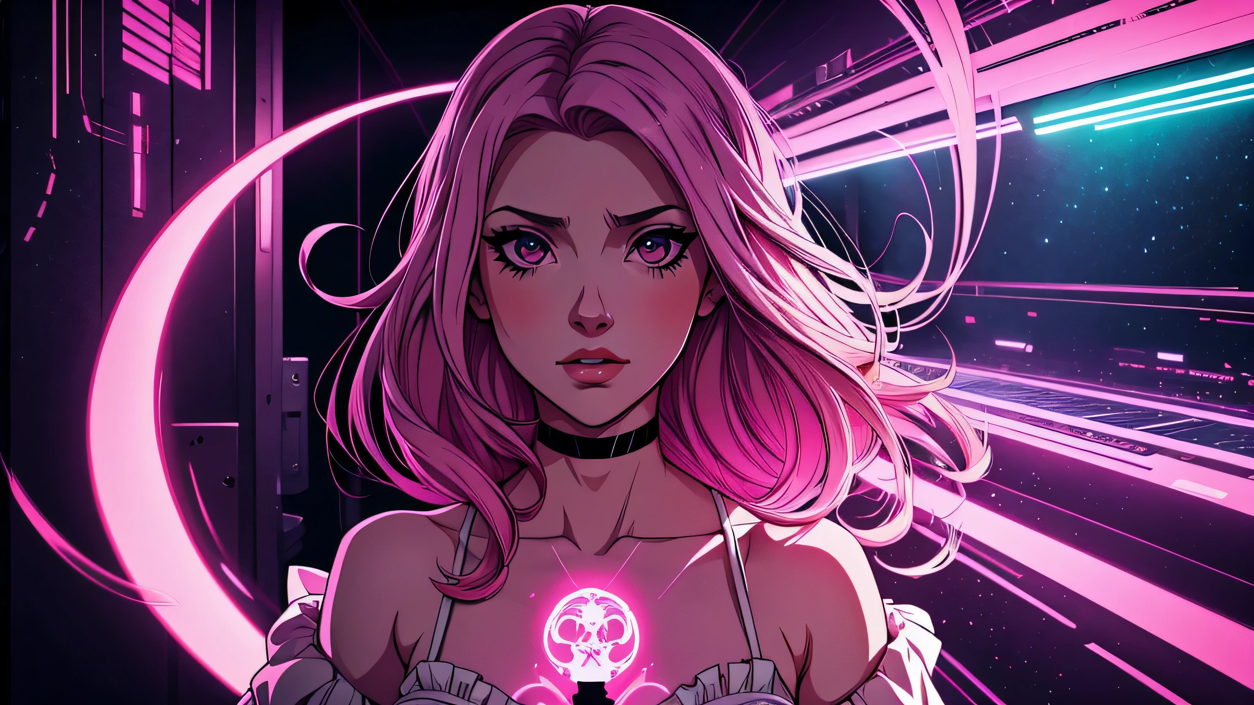 garota de anime, corpo inteiro, lolita, Capa do álbum Anime Phonk Brain Sick, musica, ondas sonoras, com cores rosa e preto neon