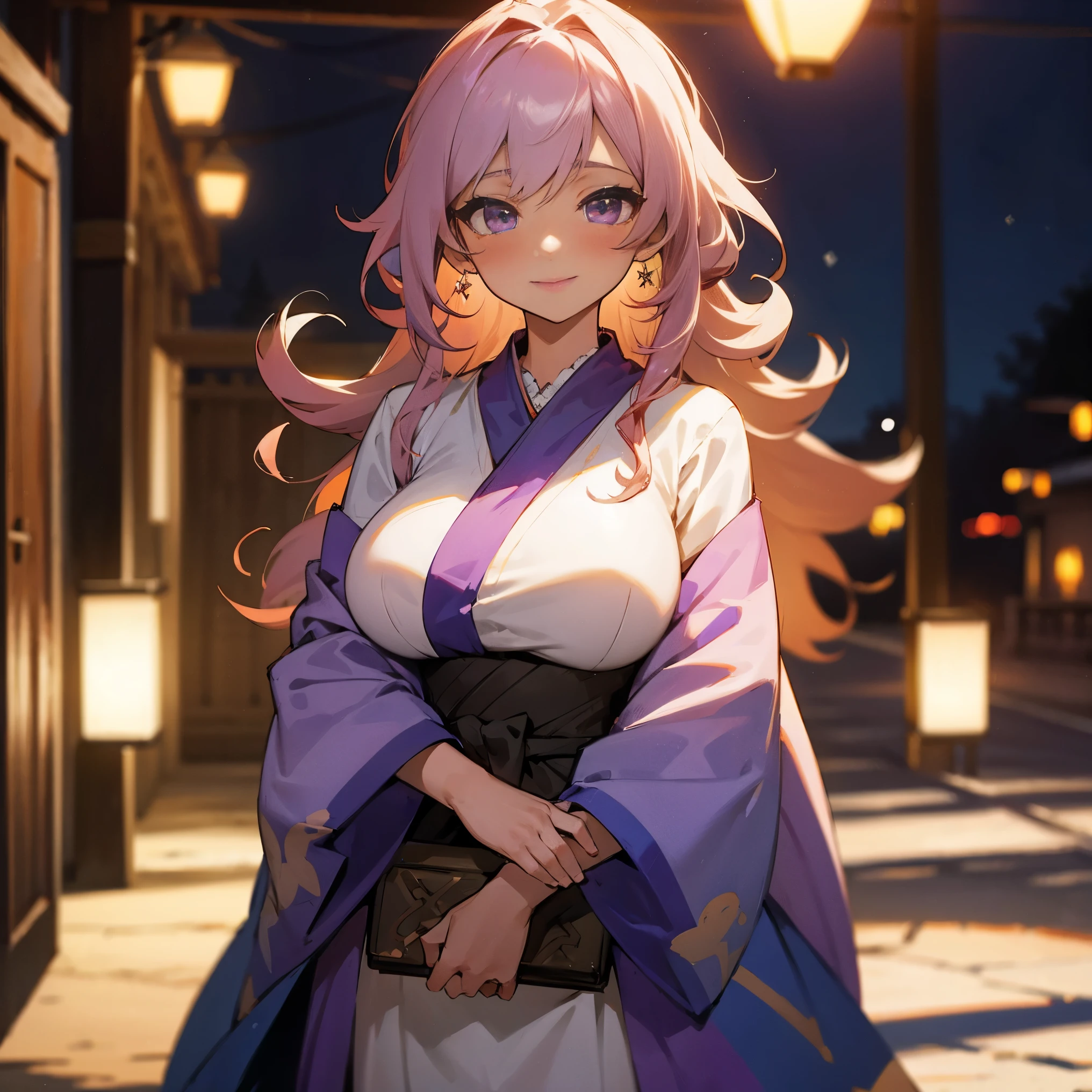 1female, adult, big breast, tan skin, finely detailed purple eyes, long curly hair, white ombre hair color, casual clothing, blushing, standing in alley, night, village background, excited expression, earrings, lanterns