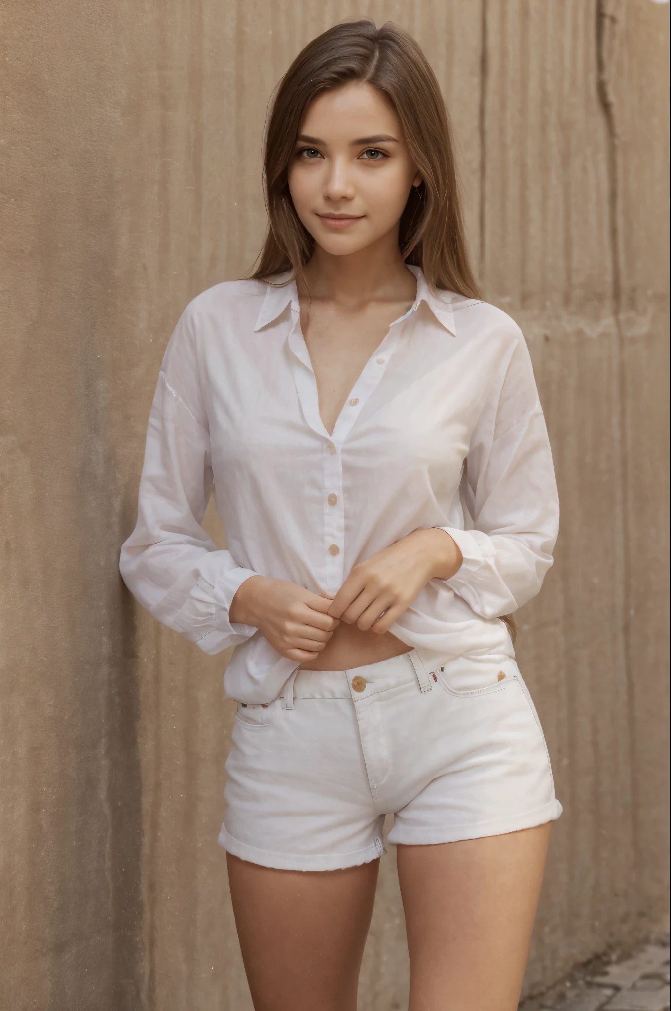 best quality, ultra high res, 1 woman, light brown hair, beautiful light brown hair, green eyes, thin body with slightly curvy hips, wearing a white shirt and shorts, ((shy expression)), Mykonos street