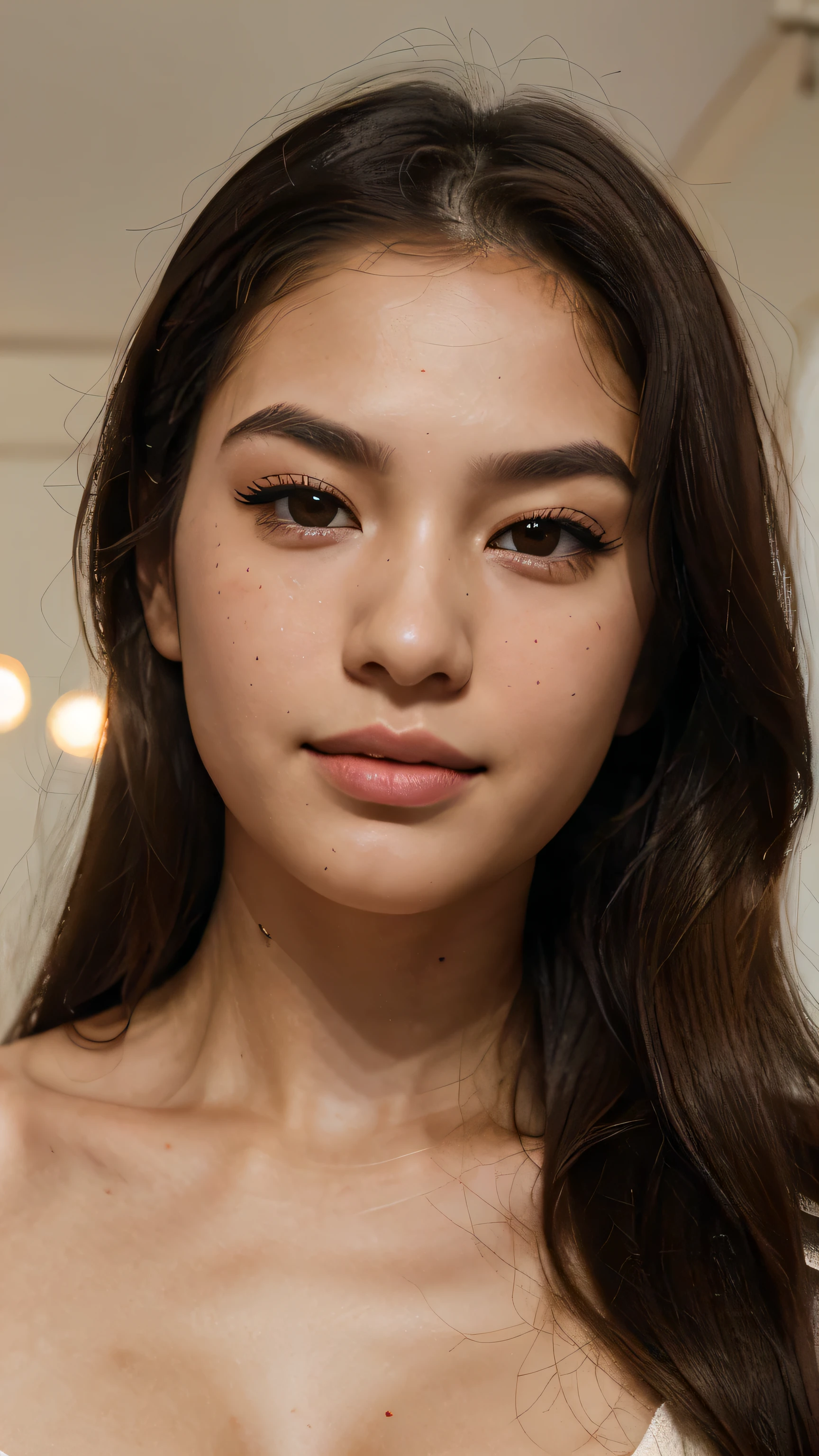 “A teenage of about 27 to 28year old Asian girl with fair skin and brown eyes is looking at the camera. Her almond-shaped eyes have a deep brown iris. She has a soft smile on her naturally pink lips and less dense eyebrows. Her hair is long and black. She has a chubby, oval-shaped face with high cheekbones and a medium-sized nose. Her skin has a natural glow, freckles, and a subtle blush. She is under soft lighting that highlights her skin texture. She is looking upwards, showing her long eyelashes. Her full lips have a natural gloss. She has various expressions, from surprise to laughter. A high-resolution image captures all her skin details. She is posing for a photoshoot with slight makeup, enhancing her natural beauty a little shine in her hair for clarity or texture even tone in skin highly detail photoshoot for the front face from a distance of about 1 to 1.5 metre with slight blush and face structure from urvashi rautela crystal clear skin with natural glow with highly detailing skin smooth texture 