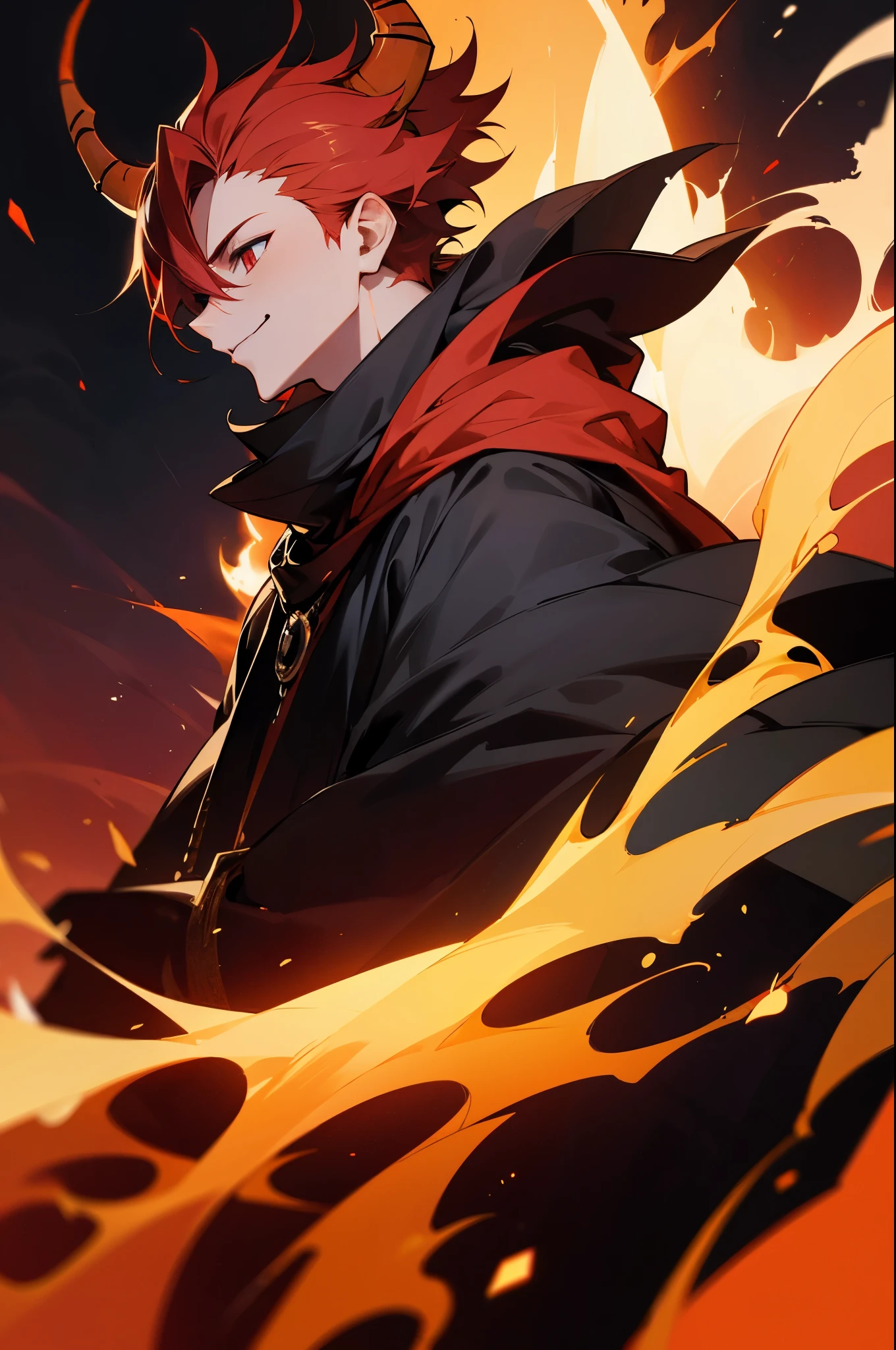 black horns, fire background, black cloak, fire outfit, red hair, young male, godly, lava background, evil smile