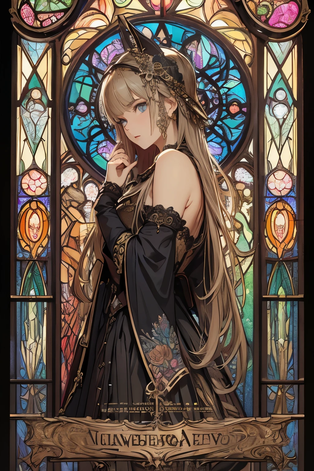 (Masterpiece, Best Quality), 8k Wallpaper, highly detailed, baggy Gothic,cinematic movie,mucha art,light up stained-glass background