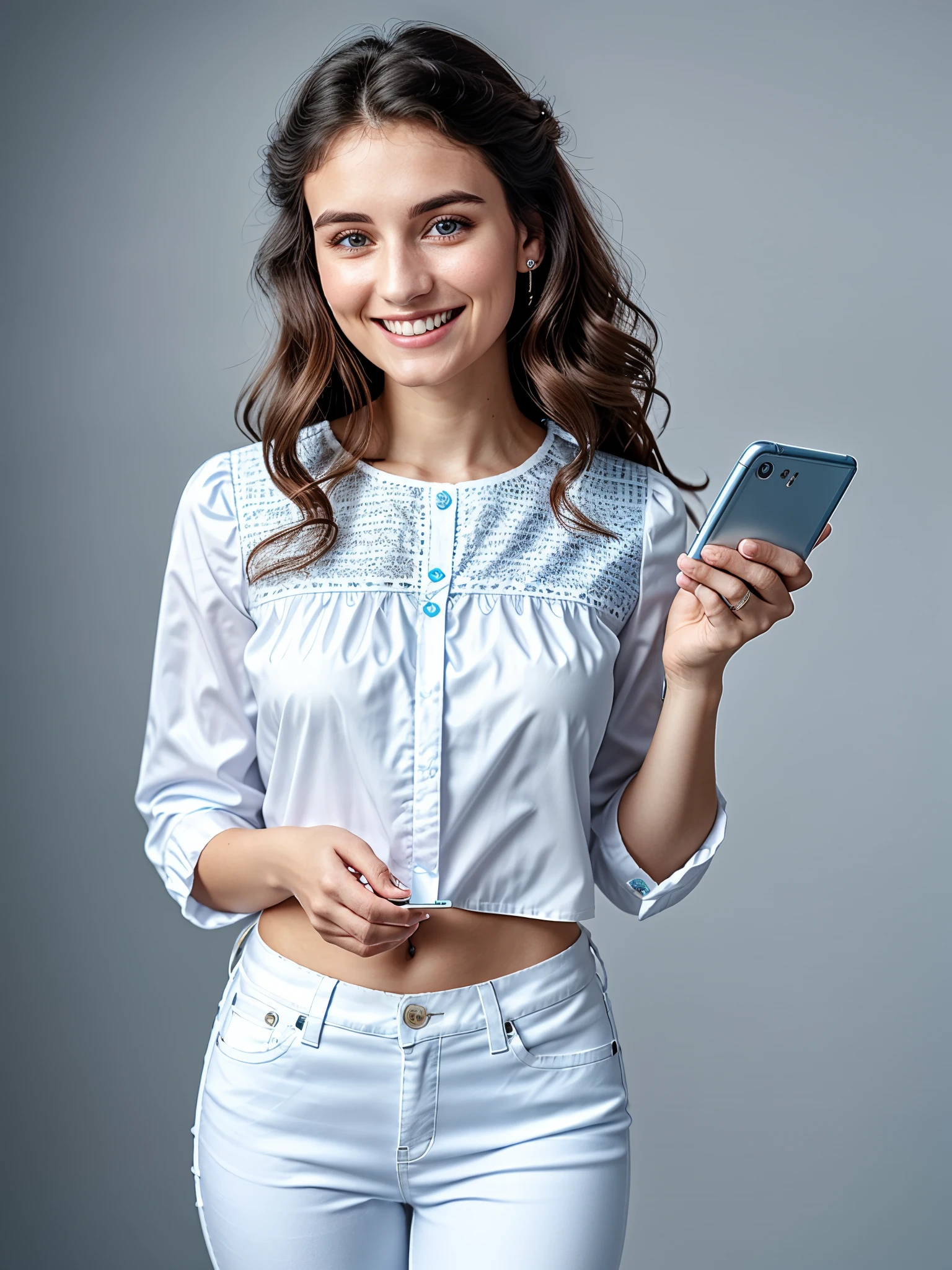 There, Woman, 25 years old, smiling perfectly, 8k, holding a detailed ''smartphone''. with perfect wavy hair, wearing white blouse with elastic, and light blue jeans detailed, film grain, isolated white background