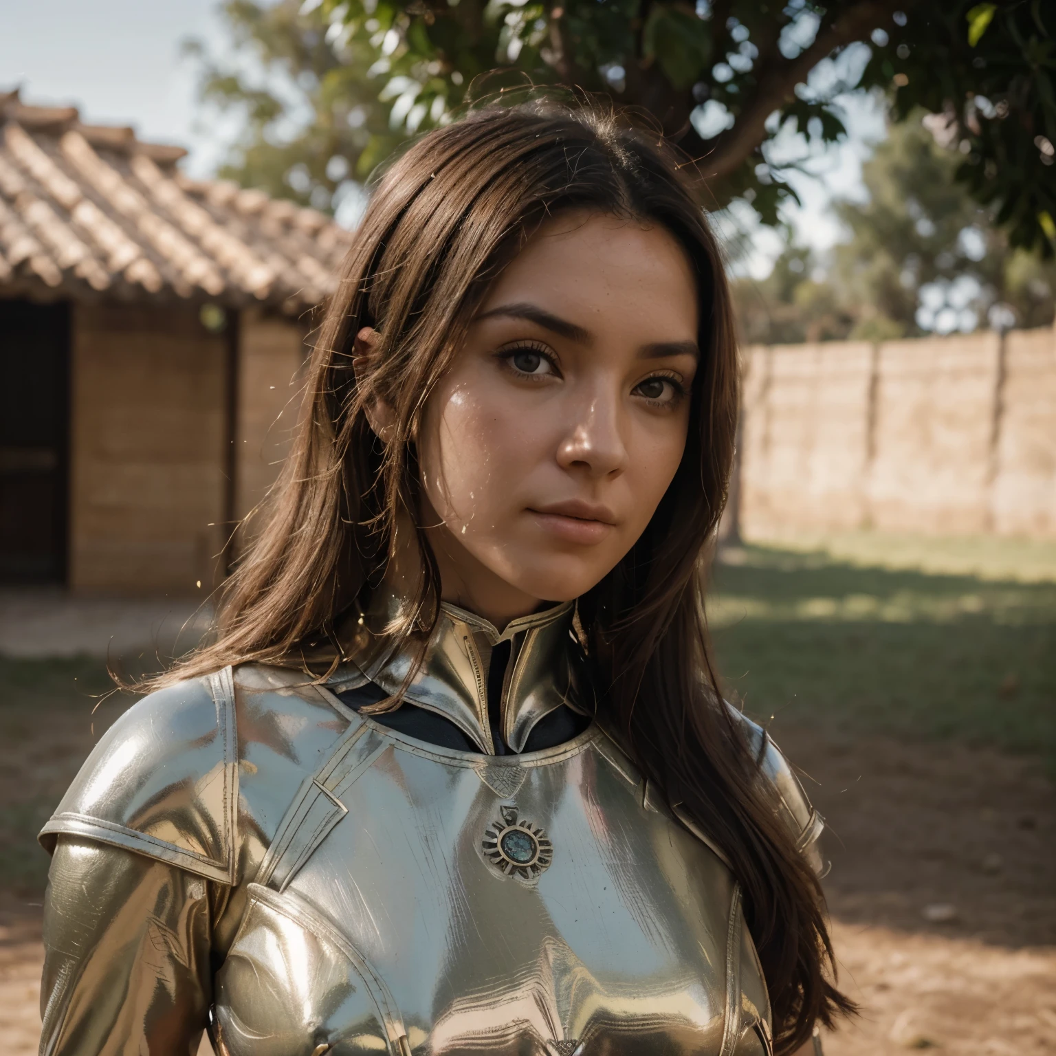 une guerrière courageuse et déterminée. Elle est vêtue d'une armure légère mais robuste, avec des détails en métal brillant. Ses cheveux sont longs et sauvages, flottant librement autour d'elle. Elle porte une épée brillante et une bouclier ornés de motifs élaborés. Son visage montre des signes de fatigue et de blessures, mais également de force et de résilience. L'arrière-plan montre une forêt partiellement brûlée, avec des traces de feu et de destruction, soulignant la récente bataille."