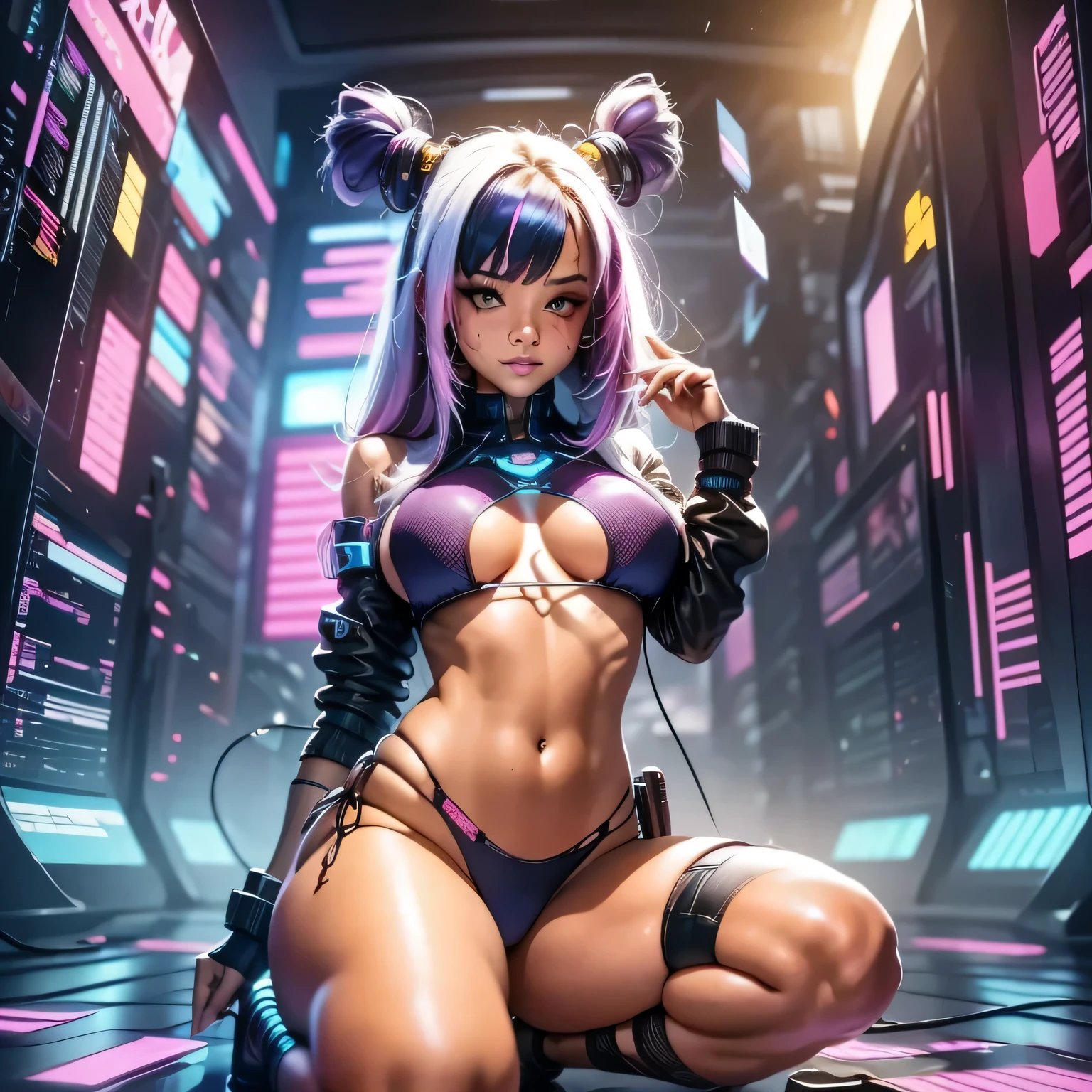 (full body: 1.2), Beautiful Cyber punk girl 2077, 18 years old, fit and attractive body. "What are the implications of integrating human bodies with various cyborg mechanical implants?" The image must be high-quality 8k resolution and use advanced rendering techniques such as photon mapping, radiosity, and physical rendering with automatic white balance. The lighting should be cinematic, with masterful lighting and slightly intensified twilight. Details: The woman must have smooth, soft skin, with visible pores and a heart-shaped butt, a current trend in Brazil. She should wear normal clothes, specifically cotton micro lingerie, with cotton panties or very short pajamas. The image should focus on your beautiful, symmetrical face, with ultra-detailed eyes, and the bikini line on your tanned skin. Pose: The woman must pose in a sexy way, looking directly at the viewer. She may be scantily clad, with small breasts and nipples visible, and her hair may be detailed with fringes and freckles. She should have a smiling expression. Background: The Cyber punk 2077 sci-fi background must be ultra-detailed, rendered using CGI with Unreal Engine 5. But it must have a soft focus effect. Final artwork should not be based on a specific photograph, but should look realistic. Composition: The image should evoke a sense of technology and high-quality craftsmanship, reminiscent of a masterpiece of illustration and CG art. The composition must include elements of unity, wallpaper and official art. The final image must present fine details, extreme delicacy and beauty, with sharp focus and a high level of detail. (The construction of the image must be procedural based on the information described in this text: