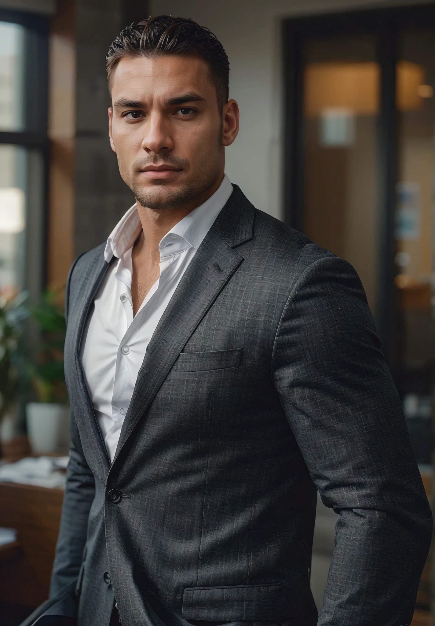 Create a clean image of attractive muscular brutal man in business suit. Business office in the background. Upper body shot. Cinematic. Highly detailed