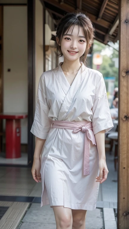 Beautiful girl with white skin and red hair in Tokyo dressed in a native way