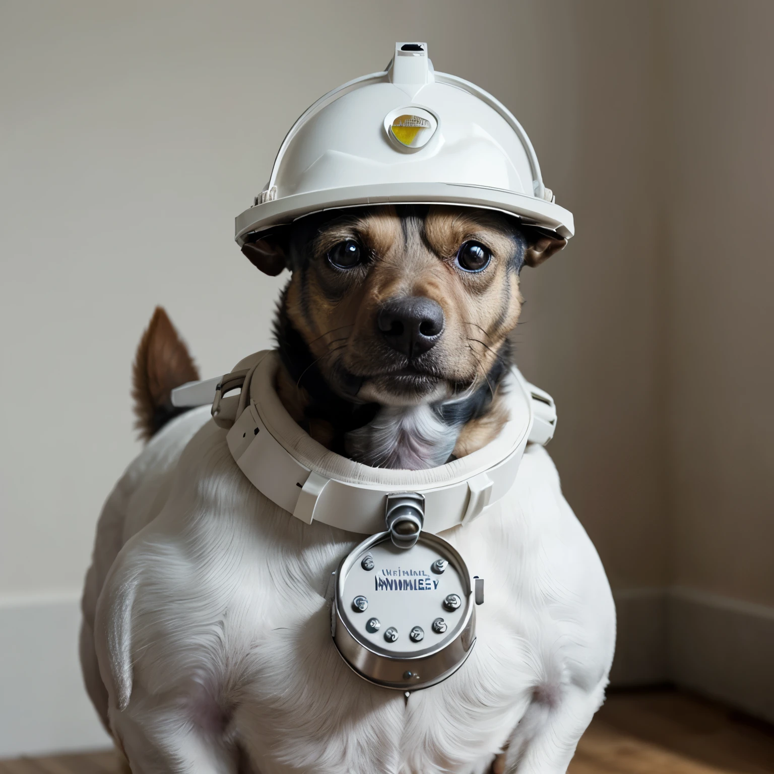 A Yorkshire dog wearing a white engineer's helmet