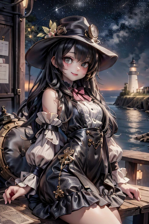 masterpiece, best quality, absurdress, a cute engineer smiling, steampunk clothing, watching a nearby lighthouse on a nearby cliff, ((at night)), starry sky, 