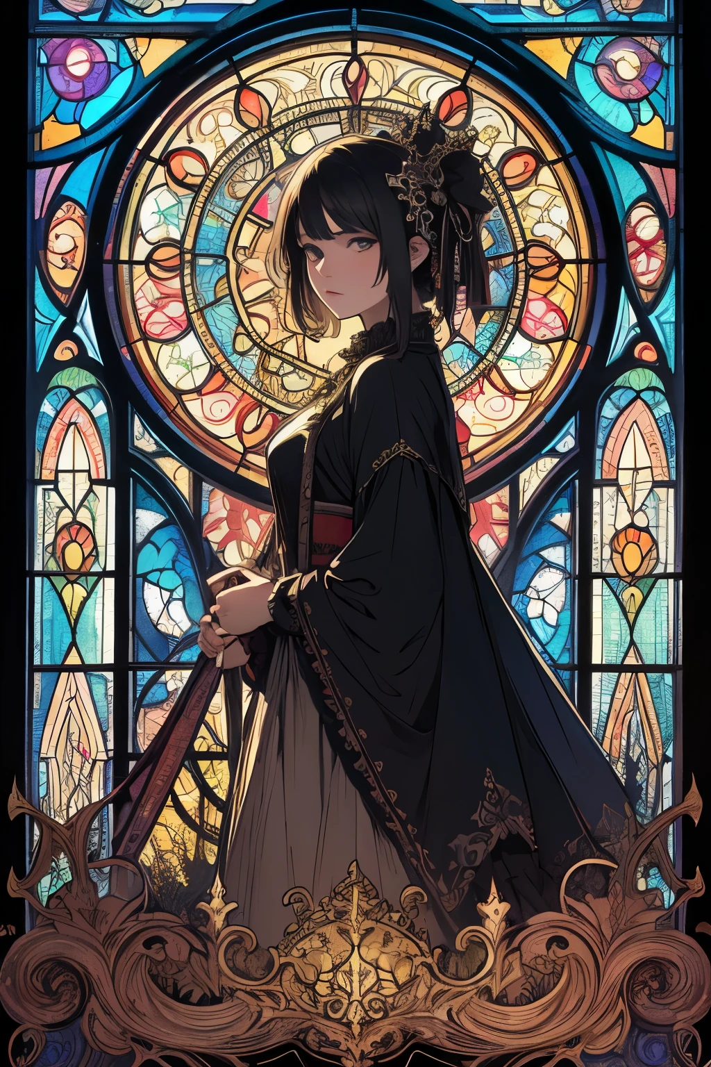 (Masterpiece, Best Quality), 8k Wallpaper, highly detailed, baggy Gothic,cinematic movie,mucha art,light up stained-glass background