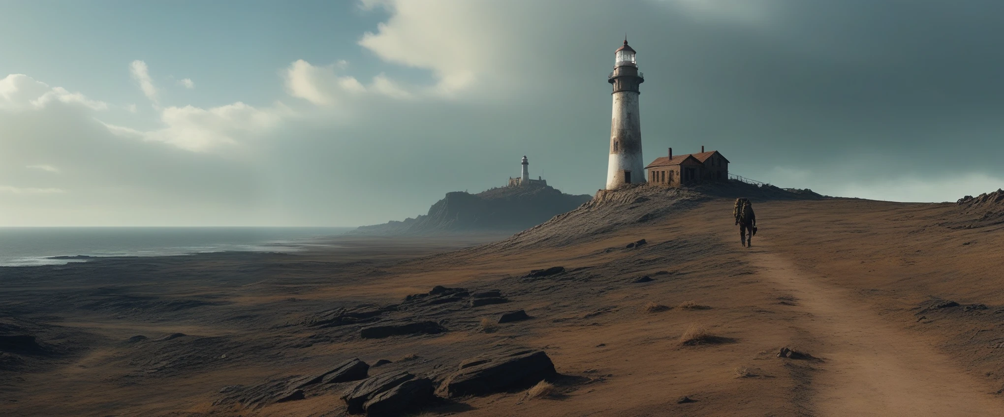 post-apocalyptic world, the seas have completely dried up (dried up seas, no water), destroyed buildings, the only building complete and working is a lighthouse, it stands on the rocks surrounded by dried up land and rocks and destroyed houses, no water, damaged and rusty vehicles, A lone hiker walking to the lighthouse, dirty tired, backpack on his back, rifle in his hands, panoramic view, high resolution, immersive background, 8k, raw photo, cinematic shot