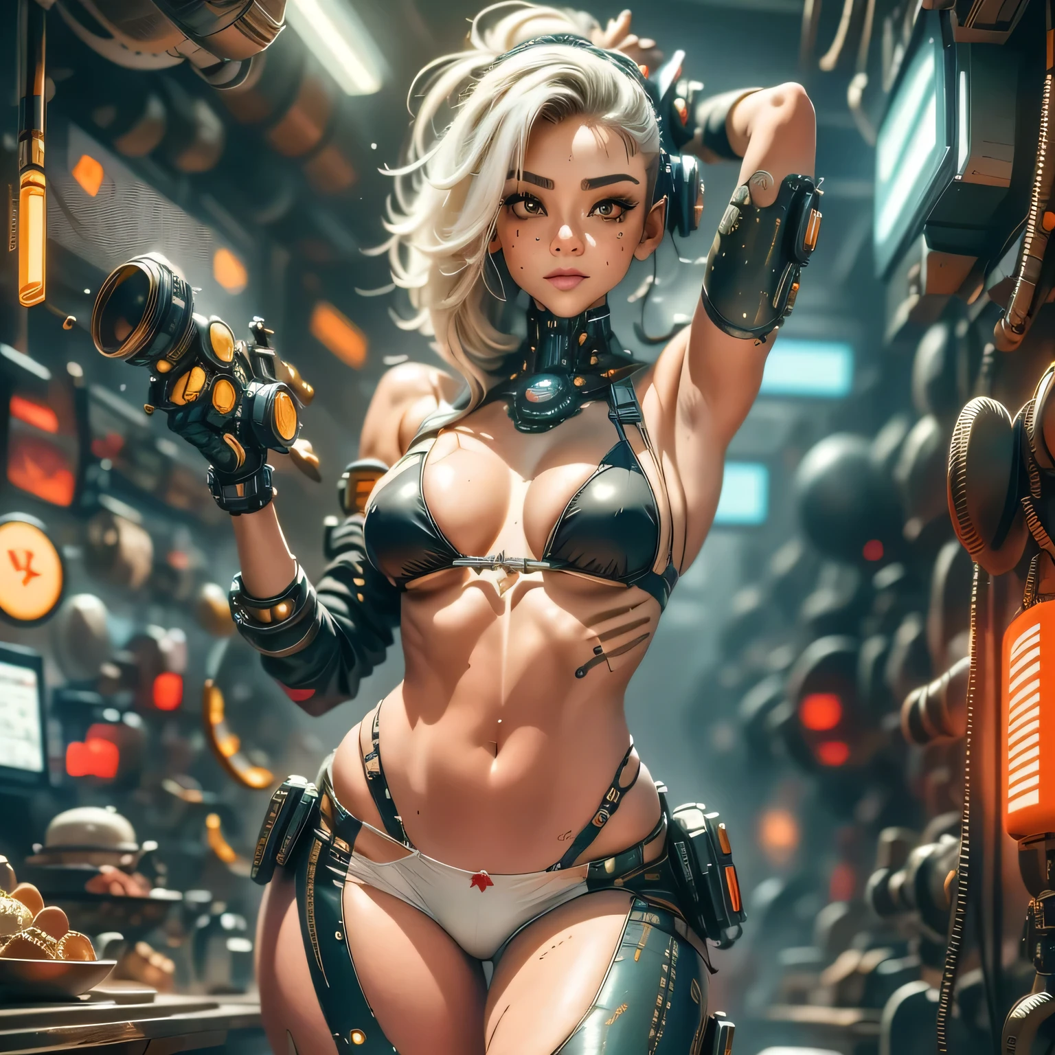 (full body: 1.2), Beautiful Cyber punk girl 2077, 18 years old, fit and attractive body. "What are the implications of integrating human bodies with various cyborg mechanical implantechanical arms, bionic face: 1.2), electricity effects. The image must be high-quality 8k resolution and use advanced rendering techniques such as photon mapping, radiosity, and physical rendering with automatic white balance. The lighting should be cinematic, with masterful lighting and slightly intensified twilight. Details: The woman must have smooth, soft skin, with visible pores and a heart-shaped butt, a current trend in Brazil. She should wear normal clothes, specifically cotton micro lingerie, with cotton panties or very short pajamas. The image should focus on your beautiful, symmetrical face, with ultra-detailed eyes, and the bikini line on your tanned skin. Pose: The woman must pose in a sexy way, looking directly at the viewer. She may be scantily clad, with small breasts and nipples visible, and her hair may be detailed with fringes and freckles. She should have a smiling expression. Background: The Cyber punk 2077 sci-fi background must be ultra-detailed, rendered using CGI with Unreal Engine 5. But it must have a soft focus effect. Final artwork should not be based on a specific photograph, but should look realistic. Composition: The image should evoke a sense of technology and high-quality craftsmanship, reminiscent of a masterpiece of illustration and CG art. The composition must include elements of unity, wallpaper and official art. The final image must present fine details, extreme delicacy and beauty, with sharp focus and a high level of detail. (The construction of the image must be procedural based on the information described in this text: