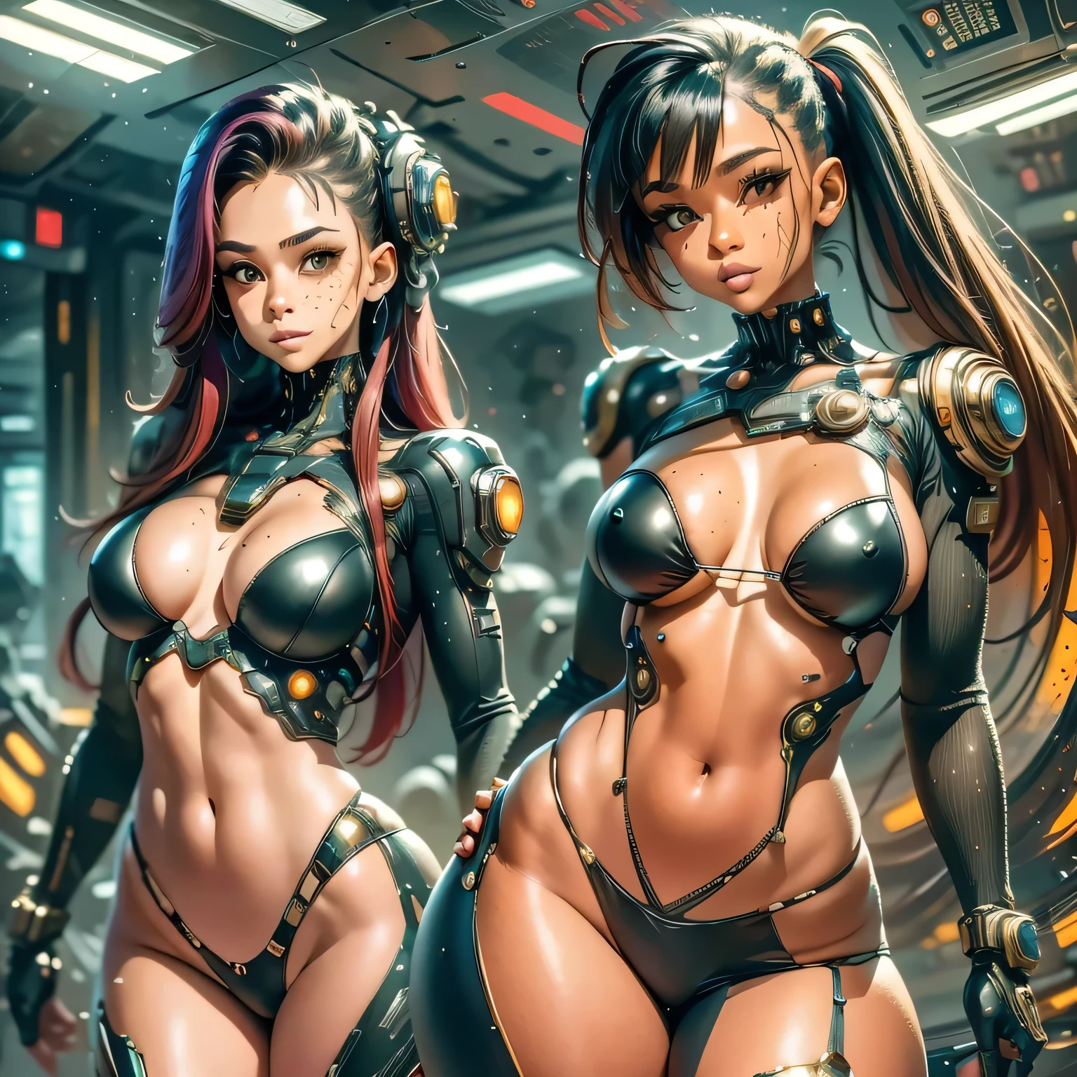 (full body: 1.2), Beautiful Cyber punk girl 2077, 18 years old, fit and attractive 18 year old girl body. "What are the implications of integrating human bodies with various cyborg mechanical implantechanical arms, bionic face: 1.2), electricity effects. The image must be high-quality 8k resolution and use advanced rendering techniques such as photon mapping, radiosity, and physical rendering with automatic white balance. The lighting should be cinematic, with masterful lighting and slightly intensified twilight. Details: The woman must have smooth, soft skin, with visible pores and a heart-shaped butt, a current trend in Brazil. She should wear normal clothes, specifically cotton micro lingerie, with cotton panties or very short pajamas. The image should focus on your beautiful, symmetrical face, with ultra-detailed eyes, and the bikini line on your tanned skin. Pose: The woman must pose in a sexy way, looking directly at the viewer. She may be scantily clad, with small breasts and nipples visible, and her hair may be detailed with fringes and freckles. She should have a smiling expression. Background: The Cyber punk 2077 sci-fi background must be ultra-detailed, rendered using CGI with Unreal Engine 5. But it must have a soft focus effect. Final artwork should not be based on a specific photograph, but should look realistic. Composition: The image should evoke a sense of technology and high-quality craftsmanship, reminiscent of a masterpiece of illustration and CG art. The composition must include elements of unity, wallpaper and official art. The final image must present fine details, extreme delicacy and beauty, with sharp focus and a high level of detail. (The construction of the image must be procedural based on the information described in this text: