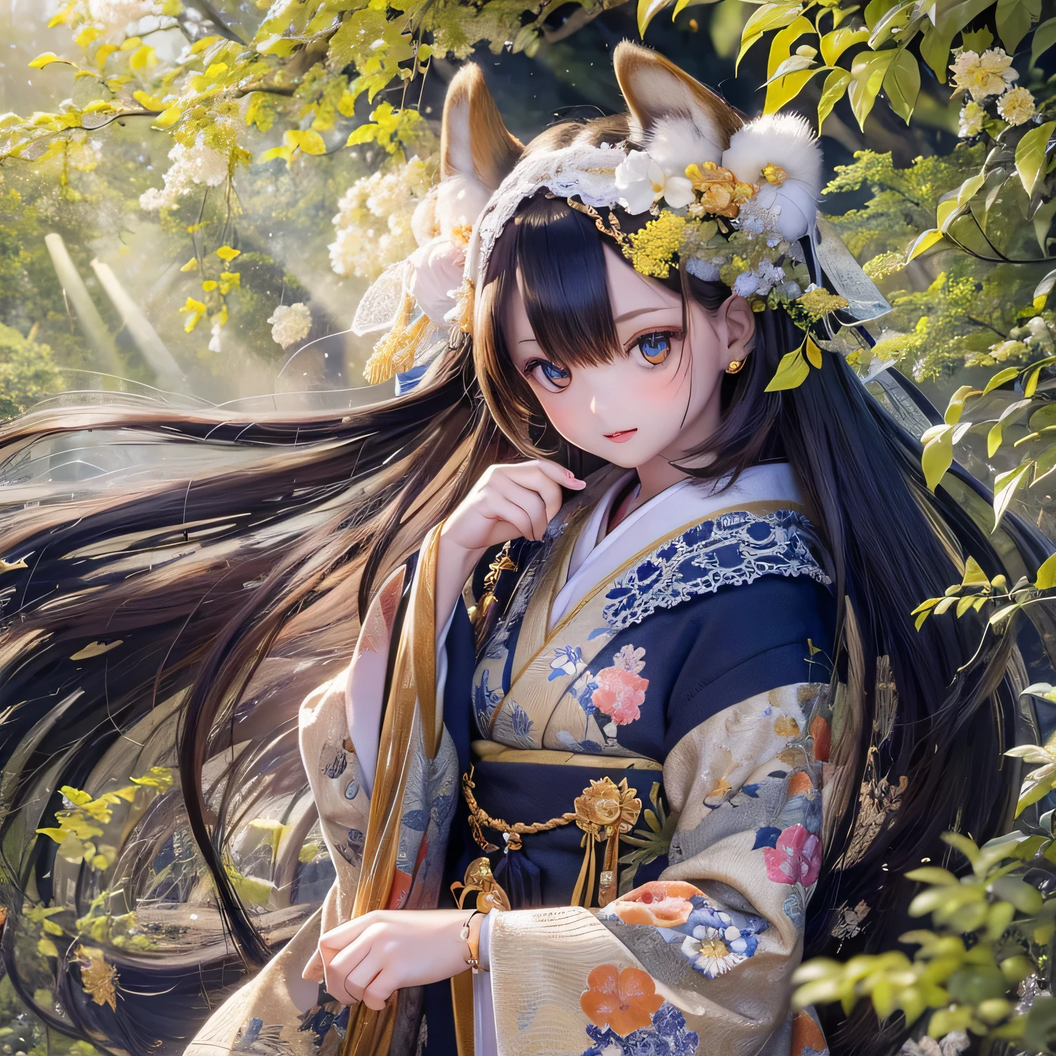 (High resolution, realistic:1.2),(detailed and beautiful eyes,dense and beautiful lips,highly detailed eyes and face,long eyelashes),(rural scenery,calm atmosphere),(Shiba Inu girl:1.1),(soft lighting),(oil painting style),(Lush green fields,Quiet river),(traditional japanese house),(flowing traditional kimono),(colorful flowers),(bird flying in the sky),(bamboo forest),(sunlight filtering through the trees)Cherry tree in full bloom