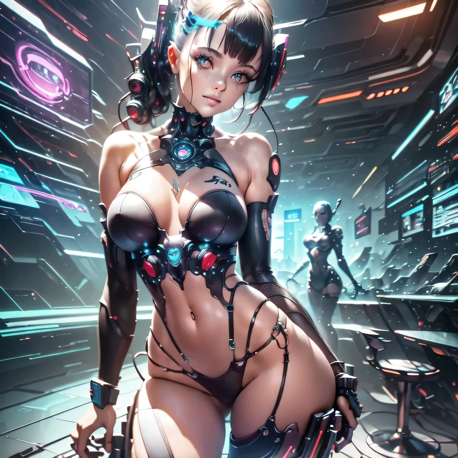 (full body: 1.2), Beautiful Cyber punk girl 2077, 18 years old, fit and attractive 18 year old girl body. "What are the implications of integrating human bodies with various cyborg mechanical implantechanical arms, bionic face: 1.2), electricity effects. The image must be high-quality 8k resolution and use advanced rendering techniques such as photon mapping, radiosity, and physical rendering with automatic white balance. The lighting should be cinematic, with masterful lighting and slightly intensified twilight. Details: The woman must have smooth, soft skin, with visible pores and a heart-shaped butt, a current trend in Brazil. She should wear normal clothes, specifically cotton micro lingerie, with cotton panties or very short pajamas. The image should focus on your beautiful, symmetrical face, with ultra-detailed eyes, and the bikini line on your tanned skin. Pose: The woman must pose in a sexy way, looking directly at the viewer. She may be scantily clad, with small breasts and nipples visible, and her hair may be detailed with fringes and freckles. She should have a smiling expression. Background: The Cyber punk 2077 sci-fi background must be ultra-detailed, rendered using CGI with Unreal Engine 5. But it must have a soft focus effect. Final artwork should not be based on a specific photograph, but should look realistic. Composition: The image should evoke a sense of technology and high-quality craftsmanship, reminiscent of a masterpiece of illustration and CG art. The composition must include elements of unity, wallpaper and official art. The final image must present fine details, extreme delicacy and beauty, with sharp focus and a high level of detail. (The construction of the image must be procedural based on the information described in this text: