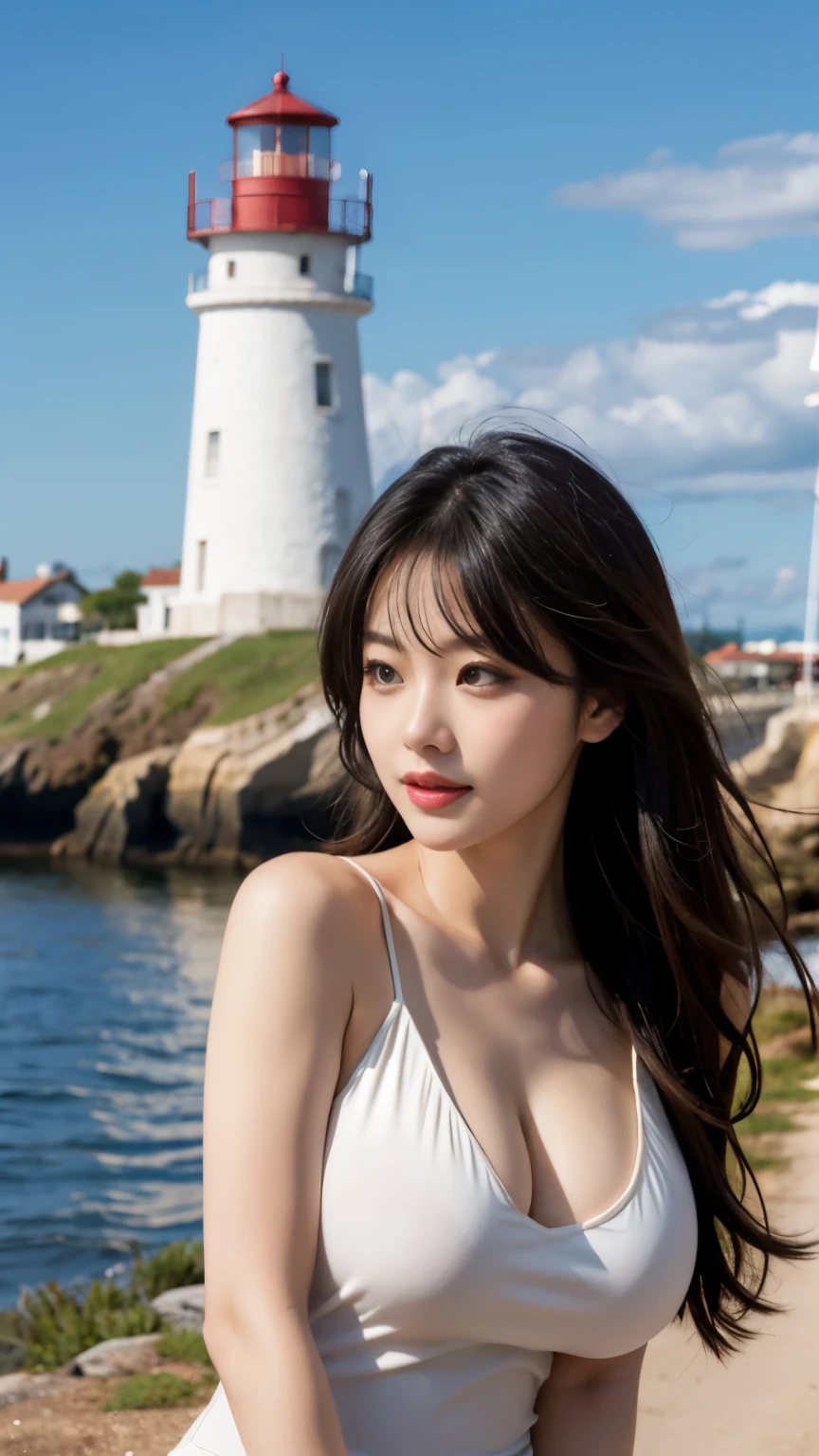 Beautiful girl busty gravure idol taking gravure with a lighthouse in the background