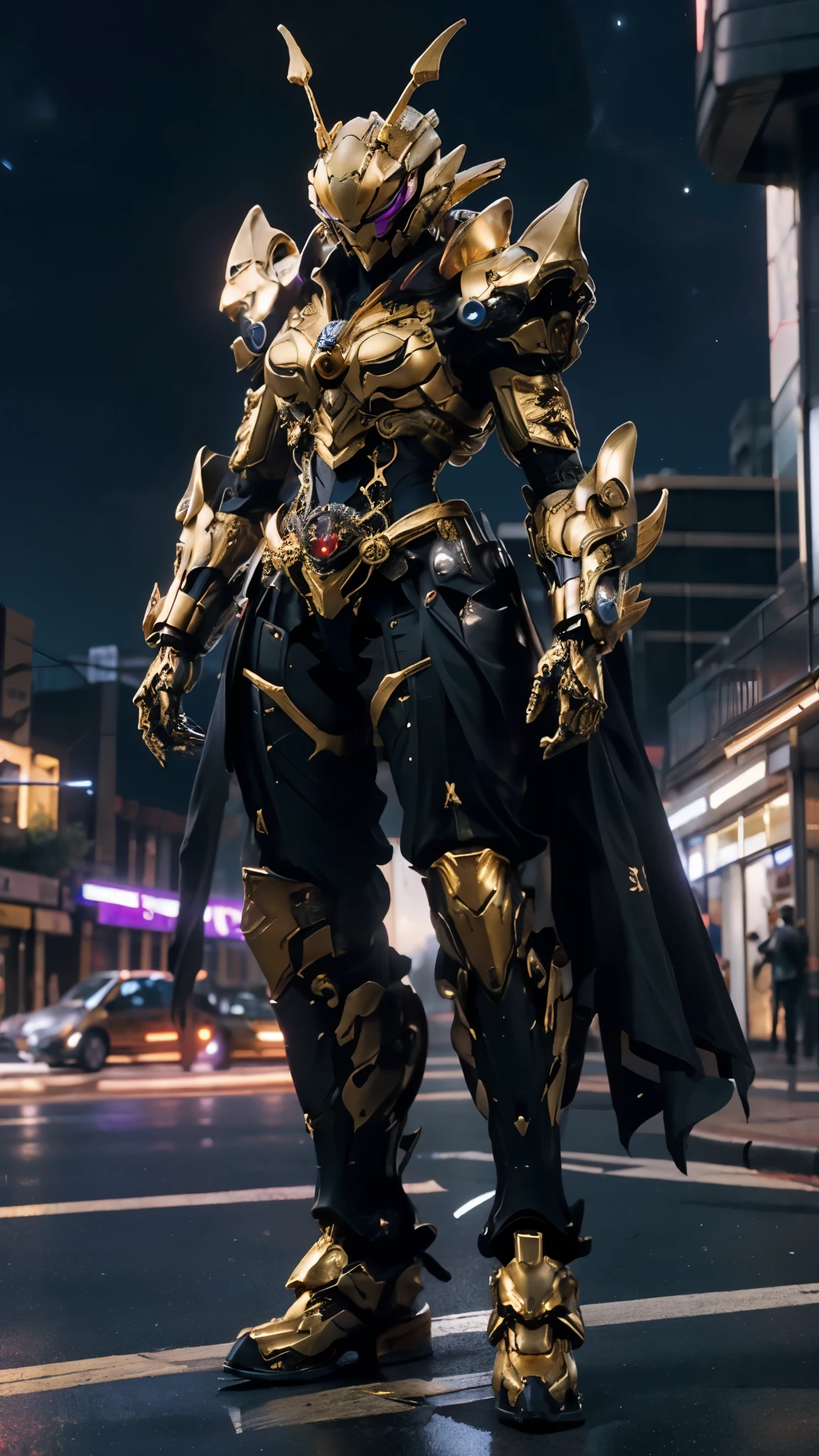 A woman adorned in fantasy-style full-body armor, a crown-concept fully enclosed helmet that unveils only her eyes, a composite layered chest plate, fully encompassing shoulder and hand guards, a lightweight waist armor, form-fitting shin guards, the overall design is heavy-duty yet flexible, ((the armor gleams with a golden glow, complemented by red and blue accents)), exhibiting a noble aura, she floats above a fantasy-surreal high-tech city, this character embodies a finely crafted fantasy-surreal style armored hero in anime style, exquisite and mature manga art style, (Queen bee mixed with Spider concept Armor, photorealistic:1.2, real texture material:1.2), ((night sky, city night view, elegant, goddess, femminine:1.5)), Unreal Engine 5, metallic, high definition, best quality, highres, ultra-detailed, ultra-fine painting, extremely delicate, professional, anatomically correct, symmetrical face, extremely detailed eyes and face, high quality eyes, creativity, RAW photo, UHD, 32k, Natural light, cinematic lighting, masterpiece-anatomy-perfect, masterpiece:1.5