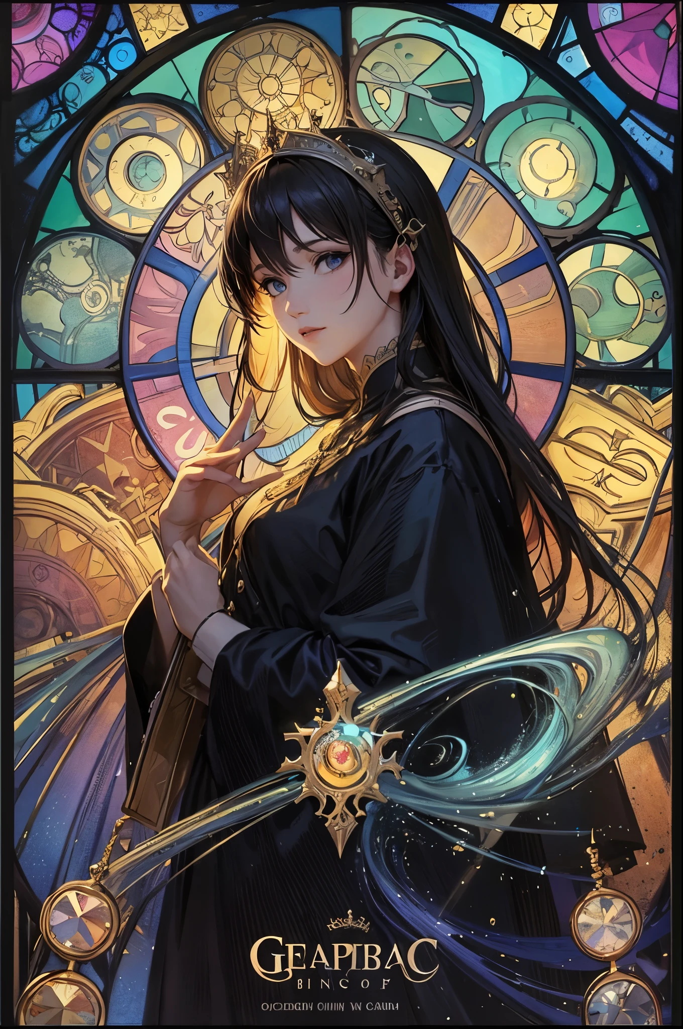 (Masterpiece, Best Quality), 8k Wallpaper, highly detailed, baggy Gothic,cinematic movie,mucha art,light up stained-glass background