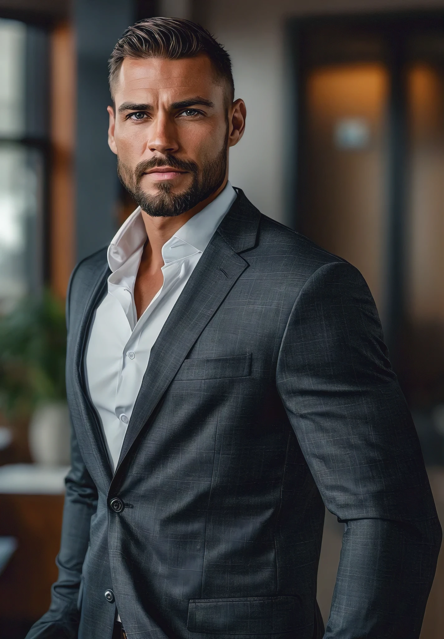 Create a clean image of attractive muscular brutal man in business suit. Business office in the background. Upper body shot. facial hair. Cinematic. Highly detailed