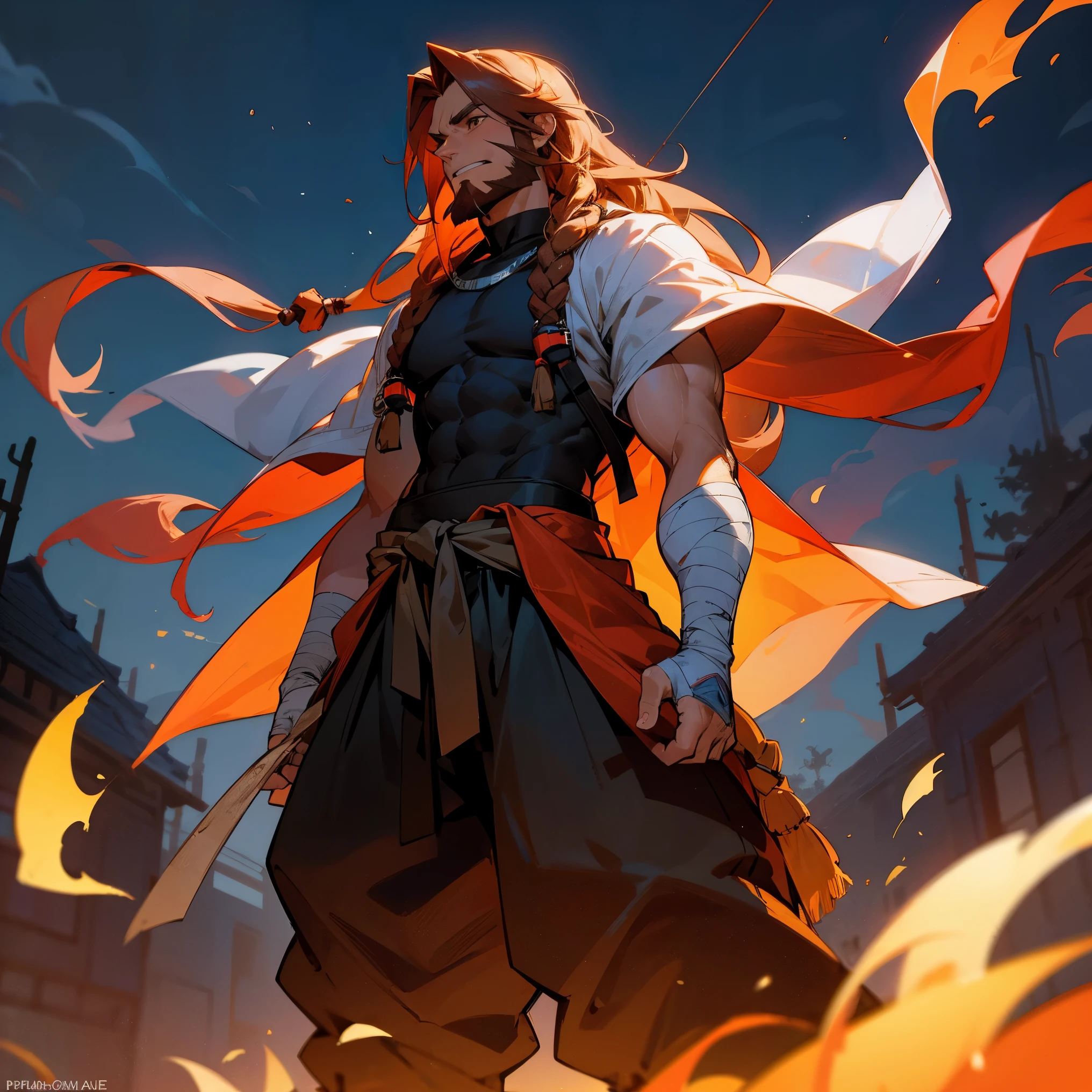 1male, adult, beard, finely detailed brown eyes, long dreads, ember ombré hair color, compression shirt, loose baggy pants, bandages wrapped around arms, standing with arms folded, standing on open trail, night, village, muscular, serious, confident