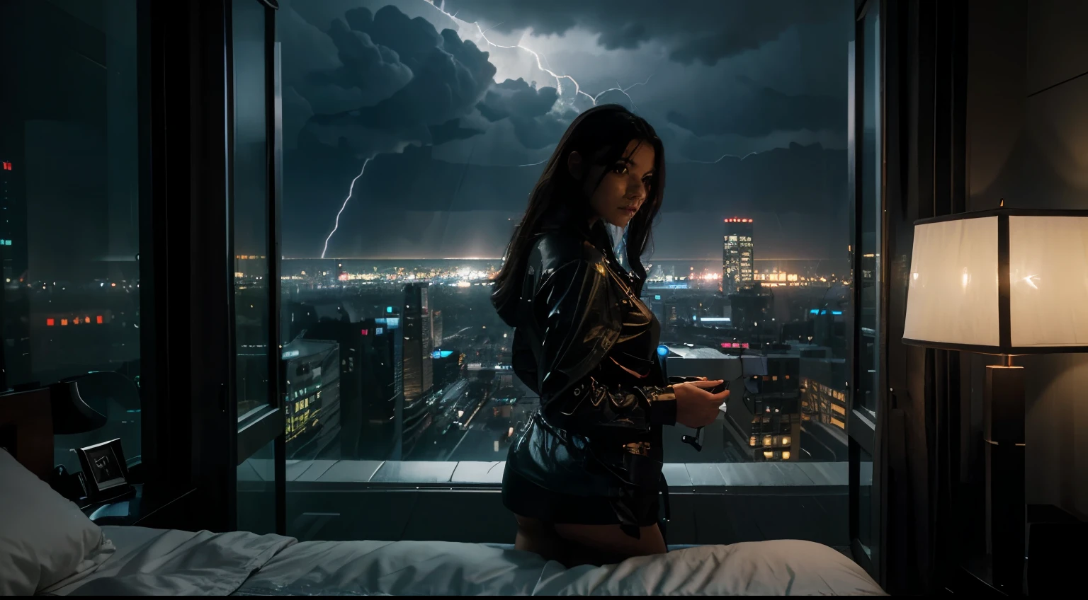 a cute woman in a beautiful cozy bedroom with floor to ceiling glass windows overlooking a cyberpunk city at night, thunderstorm outside with torrential rain, detailed, high resolution, photorrealistic, dark, gloomy, moody aesthetic, lighthing, realistic, clear,12k