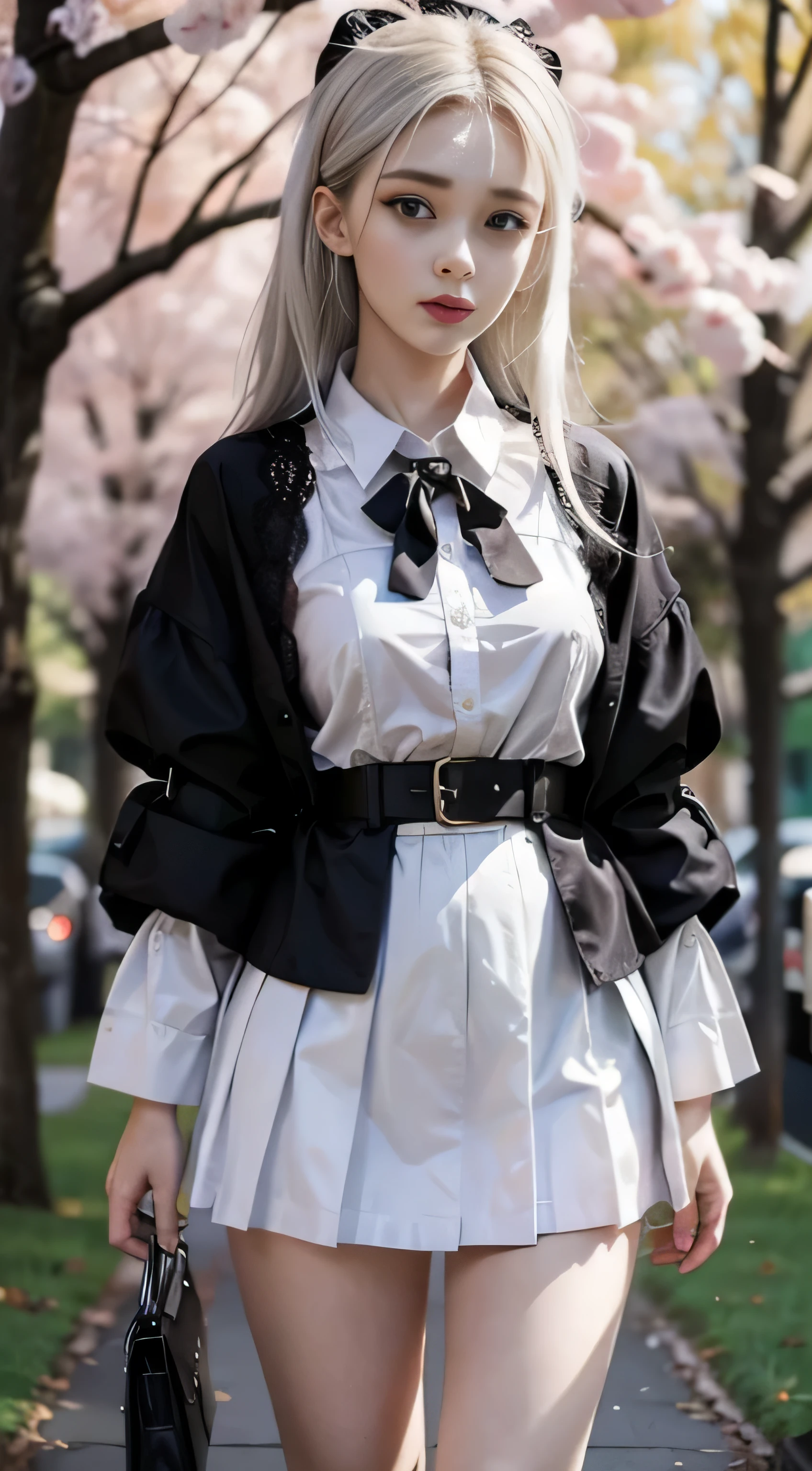 A woman was posing for a photo in the park, sakimicchan, perfect white haired girl, real life anime girls, Urzan, 🌺 CGS Association, Brutal Korean Goth Girl, style anime, korean girl, Shikami, JK school uniform, White shirt and gray skirt, Surrealist schoolgirl, Sensual gloomy style, inspired by anime
