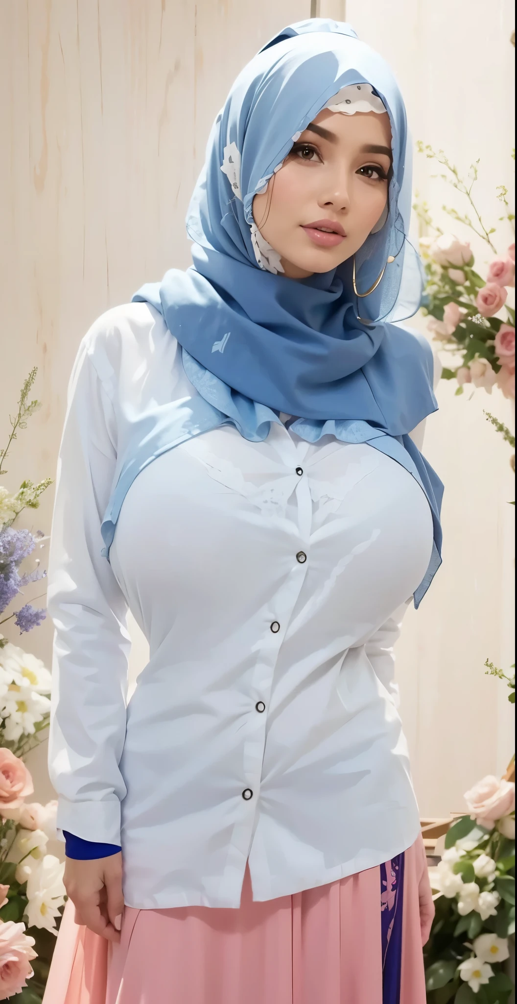 mira filzah seducing pose, freestyle pose.wearing light blue color jacket and light blue color lace bra and transparent long leggings,in nighttime classroom, (mira filzah :1.1), wearing hijab, light white color hijab, medium breast, medium chest, bright lighting, nice small round ass,