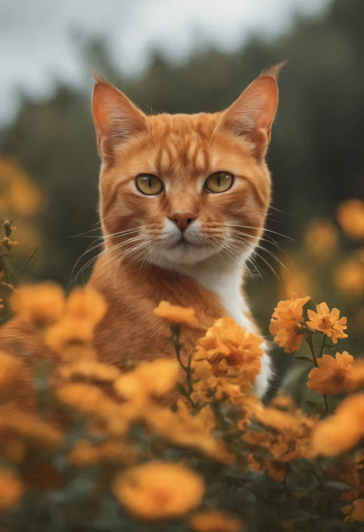 imagem de gato laranja, sentado no campo, flores, highly realistic portrait, imagem realista, imagem digital, altamente detalhada, retrato em close muito detalhado, Retrato de um gato, highly retrato detalhado, retrato detalhado, highly detailed photographic portrait, highly detailed illustration, matte illustration, retrato de alta qualidade