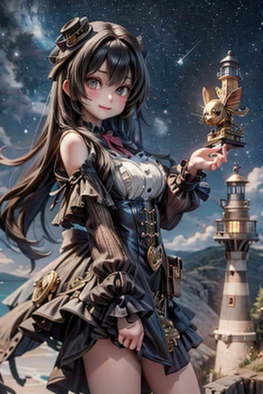 masterpiece, best quality, absurdress, a steampunk flying girl watching a nearby lighthouse on a nearby cliff, steampunk flying machine, steampunk lighthouse, ((at night)), starry sky