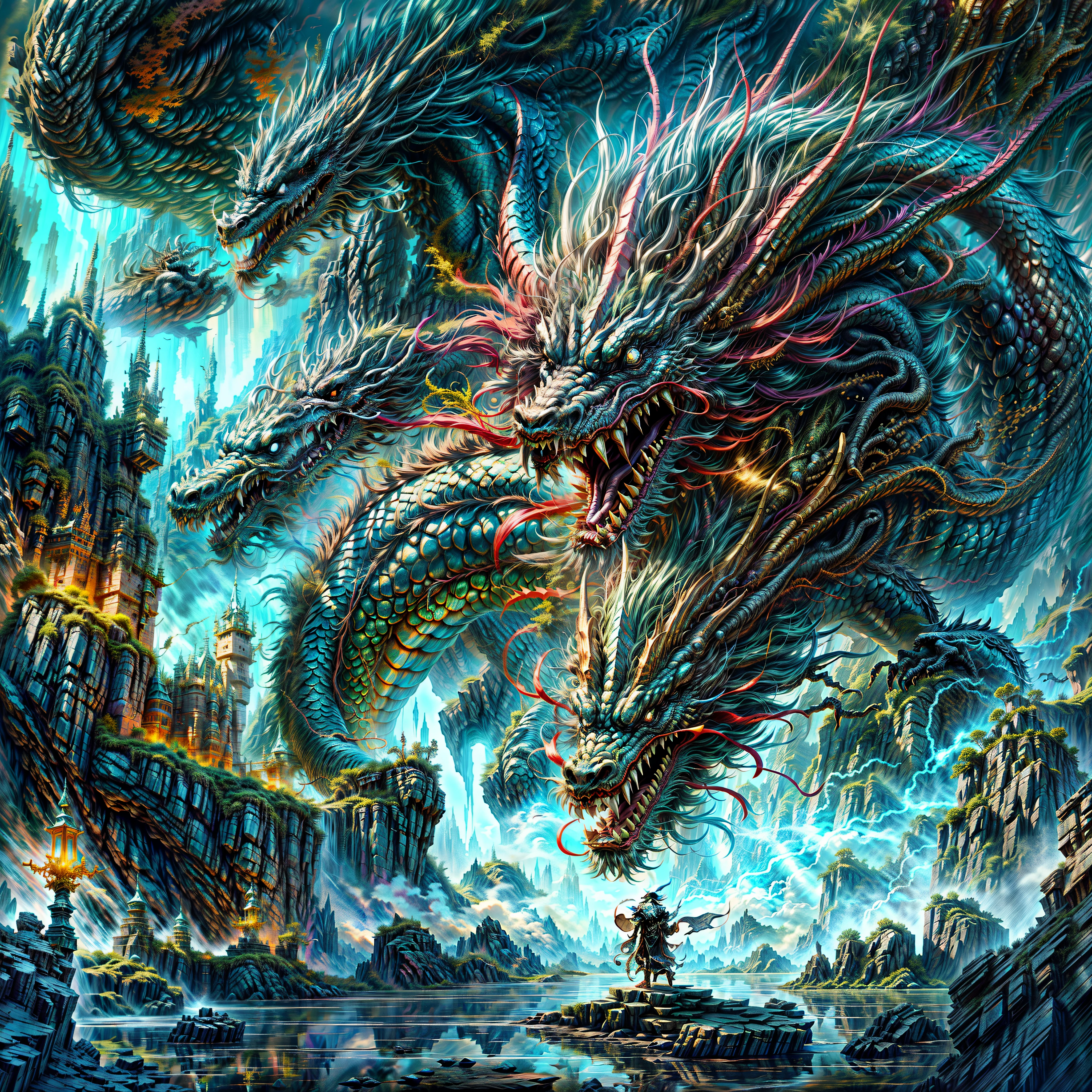 a close up of a Dragon with a man stanDing in front of a castle, 4k fantasy art, hyperrealistic D & D fantasy art, D & D fantasy Digital art, 8k fantasy art, D & D fantasy Digital painting, epic fantasy work, epic fantasy Digital art style, Dungeon anD Dragons art, epic fantasy Digital art, epic fantasy game art