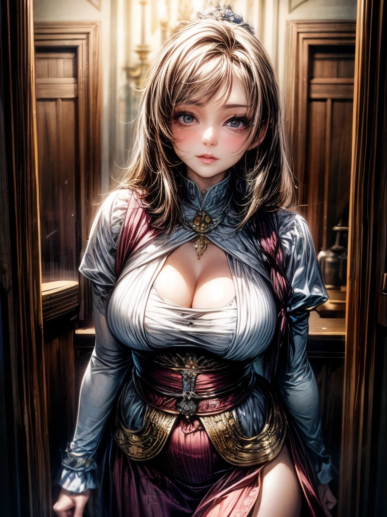 frontal view, very beautiful woman facing the viewer, traditional, photo realistic style, traditional roman outfit, white huge breasts, waist thin, adoring expression is the focus,