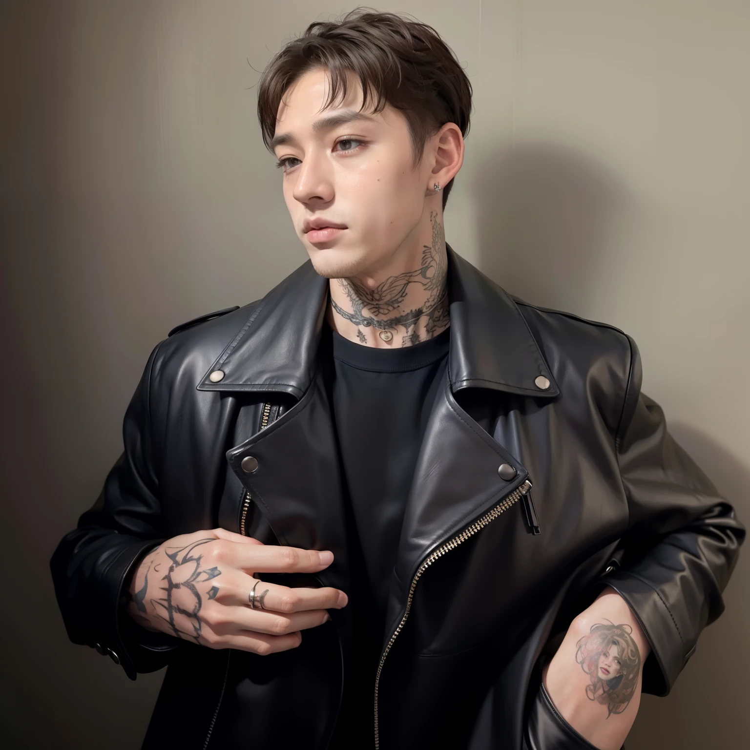 bangchan com tatuagens on his arms and chest wearing a black leather jacket, Marco Ariano, estilo de seb mckinnon, em uma velha jaqueta de couro dos anos 1950, homem, modelo, bangchan com tatuagens, Asher Duran, bangchan Personaz, Retrato de um punk masculino