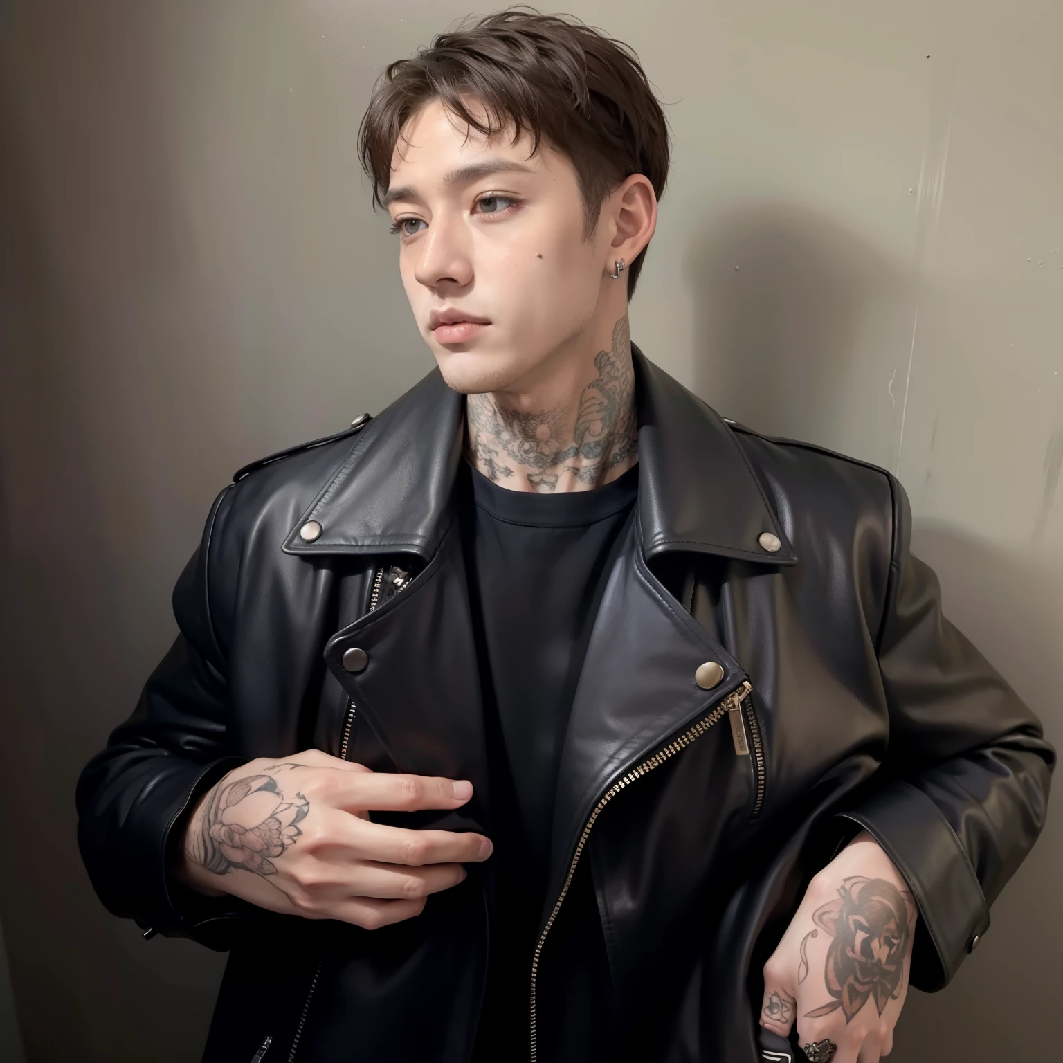bangchan com tatuagens on his arms and chest wearing a black leather jacket, Marco Ariano, estilo de seb mckinnon, em uma velha jaqueta de couro dos anos 1950, homem, modelo, bangchan com tatuagens, Asher Duran, bangchan Personaz, Retrato de um punk masculino