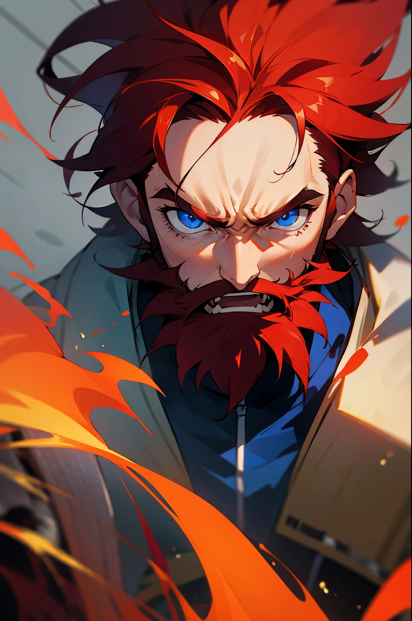 fire background, blue royal, red hair, old,male, blue eyes, angry, red beard,
