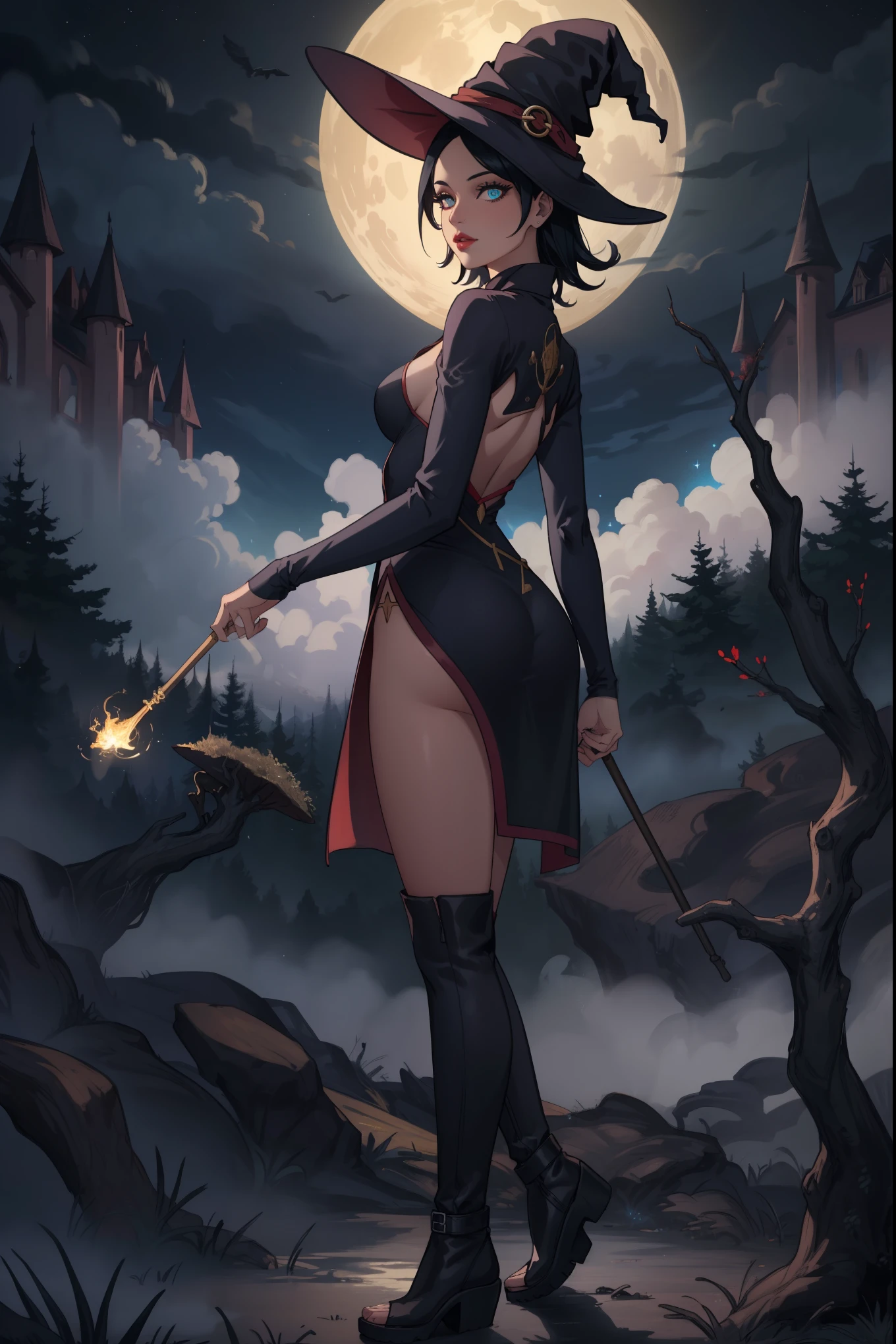 (best quality,4k,8k,highres,masterpiece:1.2),ultra-detailed,realistic, sensualizing Sarada as a witch, half-naked, with a great butt and large thighs, small breasts under the chest, dressed provocatively in a seductive manner, with a magical atmosphere and an enchanted background, vibrant colors and dramatic lighting, witchcraft aesthetic, dark magic vibes, spellbinding poses, bewitching eyes and red lips, alluring gaze, flowing black hair, sultry expression, seductive witch attire, a black pointed hat, a revealing dress that highlights her curves, thigh-high boots, a broomstick in her hand, casting a spell with glowing magical symbols in the air, surrounded by mystical fog and colorful sparks, a cauldron filled with potion and bubbling with magic, a full moon illuminating the night sky, creating an eerie ambiance, a mysterious enchanted forest in the background, with twisted trees and glowing mushrooms, a crow perched on a branch, overlooking the scene, a touch of gothic aesthetic, creating an enchanting and seductive atmosphere for the viewer.