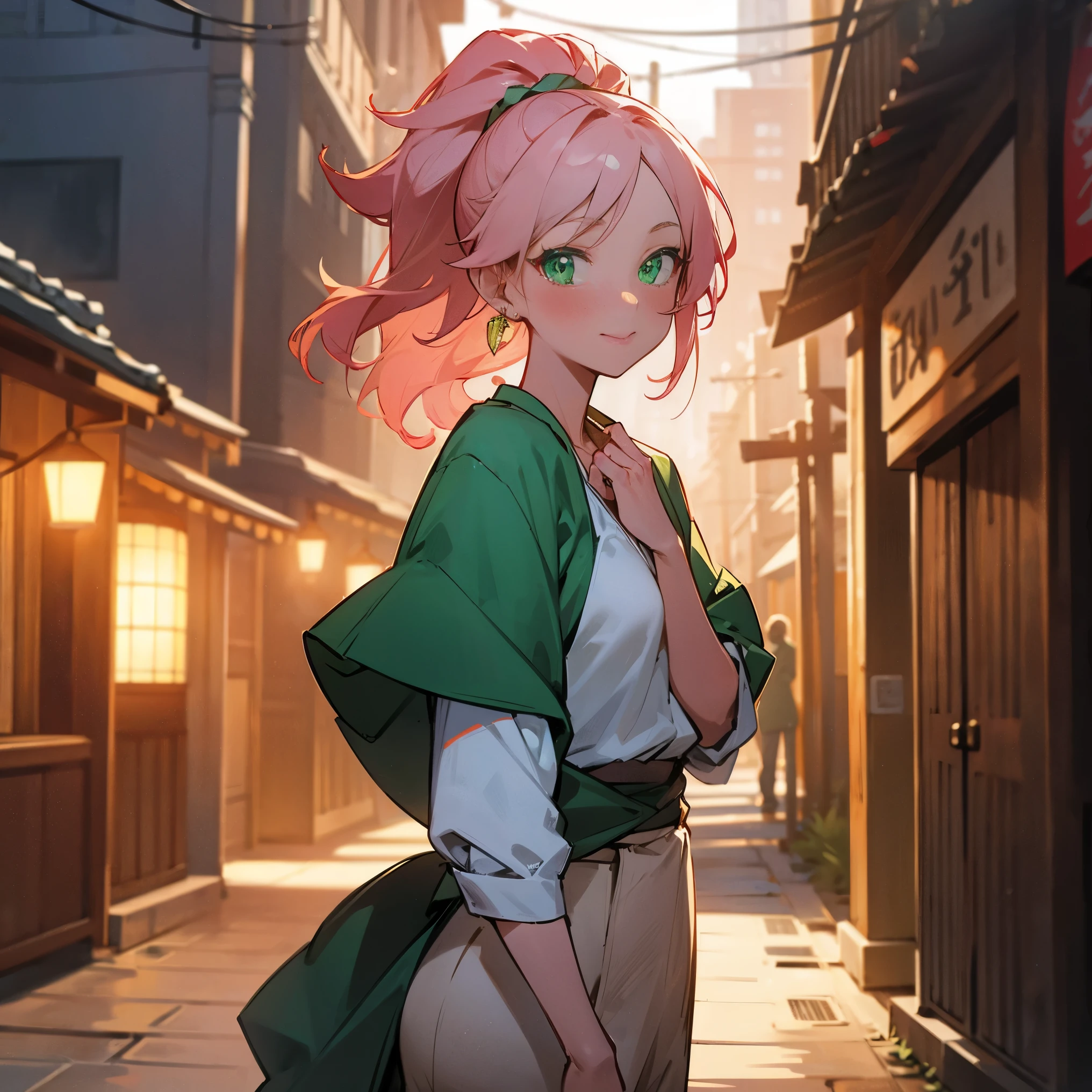 1female, adult, tan skin, finely detailed emerald green eyes, long wavy ponytail, pale pink ombre hair color, casual clothing, blushing, standing in alley, night, village background, excited expression, earrings, lanterns