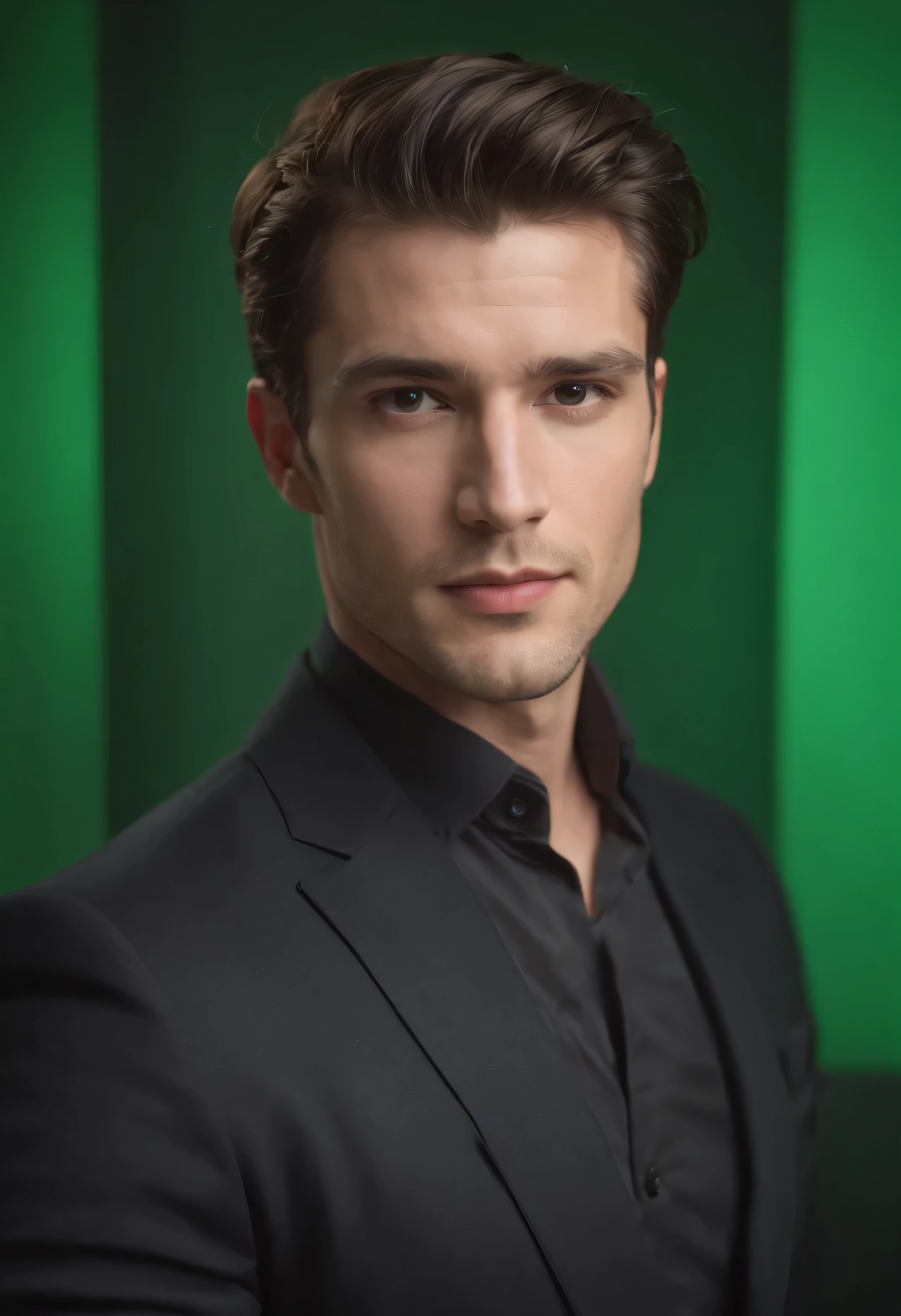 Portrait of a handsome man wearing a black suit, With a good ratio, Athletic body. It was photographed in front of green to remove the background. He looks directly into the camera. The green background is free of any elements. There is a clear contrast between the character and the green background.