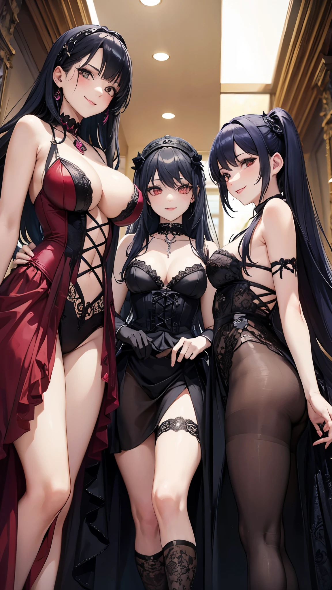 three sexy women, flirtatious smiles, goth outfits, portrait, view from below