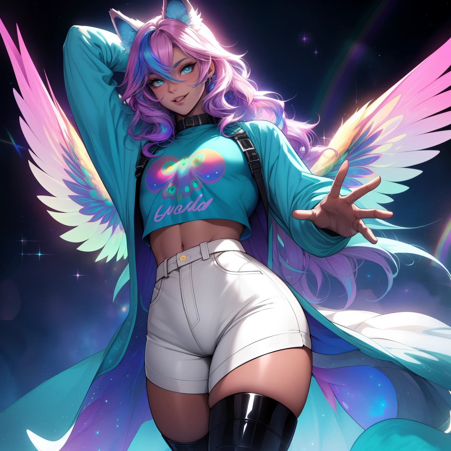 a short, skinny, galactic space young boy wearing a peacock inspired rainbow sci fi coat, glowing blue eyes, wearing cropped t-shirt, flat chested, flat chest (SUPER FLAT CHEST) has wolf ears and a wolf tail, wide hips, pink lips, thick thighs, has long wavy rainbow gradient colored sparkly hair with long locks, twink, happy, blushing, flustered, showing thighs, wearing thigh high boots, wearing short micro shorts, curvy, solo, alone, (SOLO)(ALONE), has long wavy rainbow gradient colored sparkly hair, dynamic pose, dancing pose, wearing collar, happy, has rainbow peacock wings flowing behind him, perfect eyes, photo realistic, masterpiece, flawless