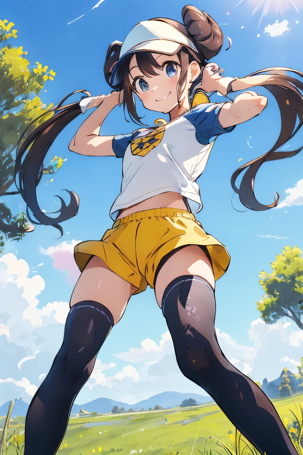 table top、highest quality、High resolution、1 girl、solo、short height、thin legs、shy smile、tits、dark brown hair、bun hair、blue eyes、long twin tails、visor cap、((black knee socks))、raglan sleeves、((yellow shorts))、shirt、pink ribbon、clock、plateau、Overgrown with grass、A photo of the subject viewed from below、Are standing、acrobatic pose、super perspective、sexual pose