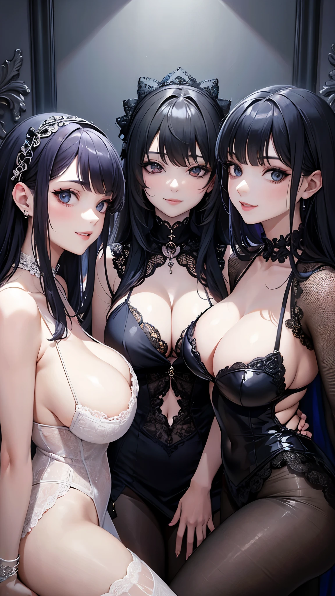 three sexy women looking at camera, flirtatious smiles, goth outfits, portrait, view from below