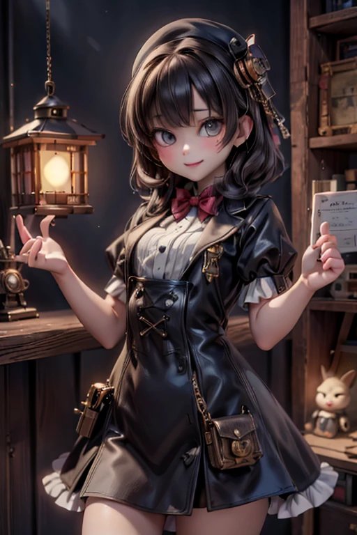 masterpiece, best quality, absurdress, a cute engineer smiling, steampunk clothing, holding a tiny lighthouse in her hand