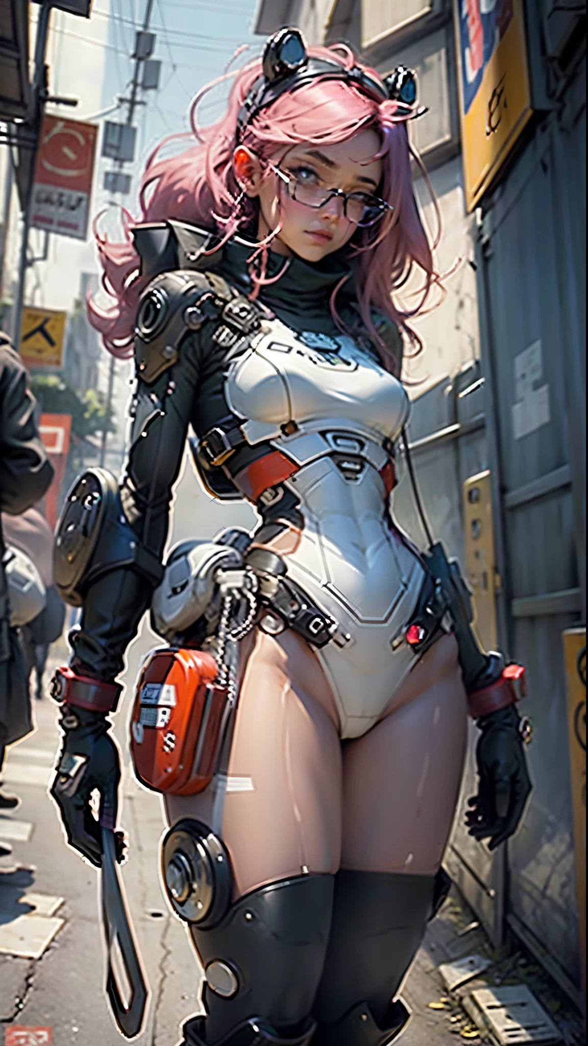 Woman body defined thick thighs cybernetic body parts, no underwear no bra