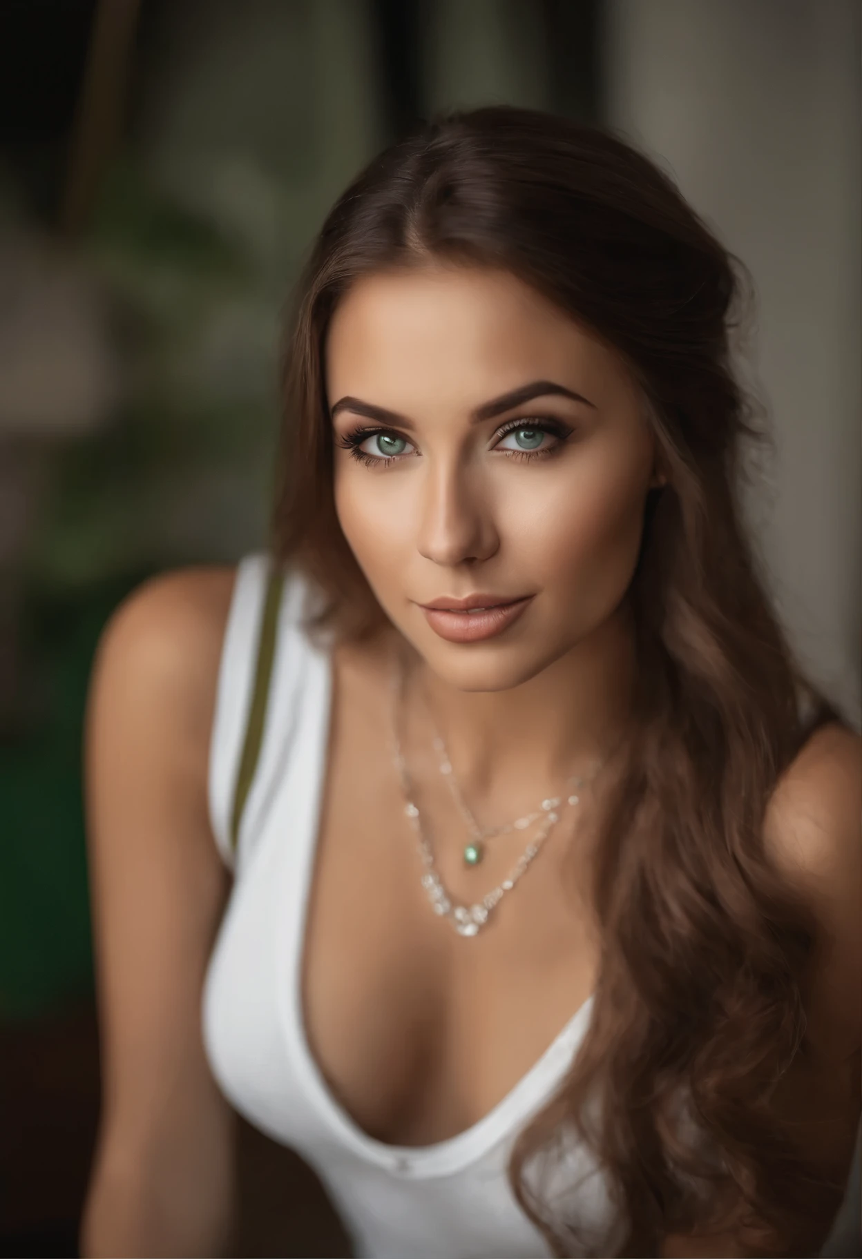 Arafed woman wearing white tank top and necklace, sexy girl with green eyes, Portrait of Sophie Mudd, brown hair and big eyes, Selfie einer jungen Frau, Schlafzimmer Augen, Violet Myers, ohne Makeup, Natural makeup, direkt in die Kamera schauen, Gesicht mit Artgram, dezentes Make-up, stunning Full body shot, piercing green eyes, nice angle, attraktive Pose, sweet girl, sexy Pose, Full body picture, Full body, Full body shoot, brunette goddess, Hohe Detailgenauigkeit, zufriedene Pose, Lederhosen